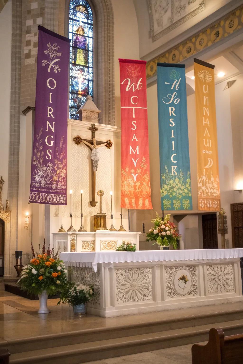 An altar adorned with personalized banners displaying meaningful scriptures.