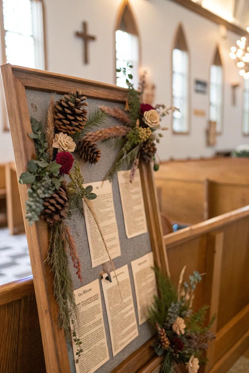 A nature-enriched bulletin board with earthy decorations.