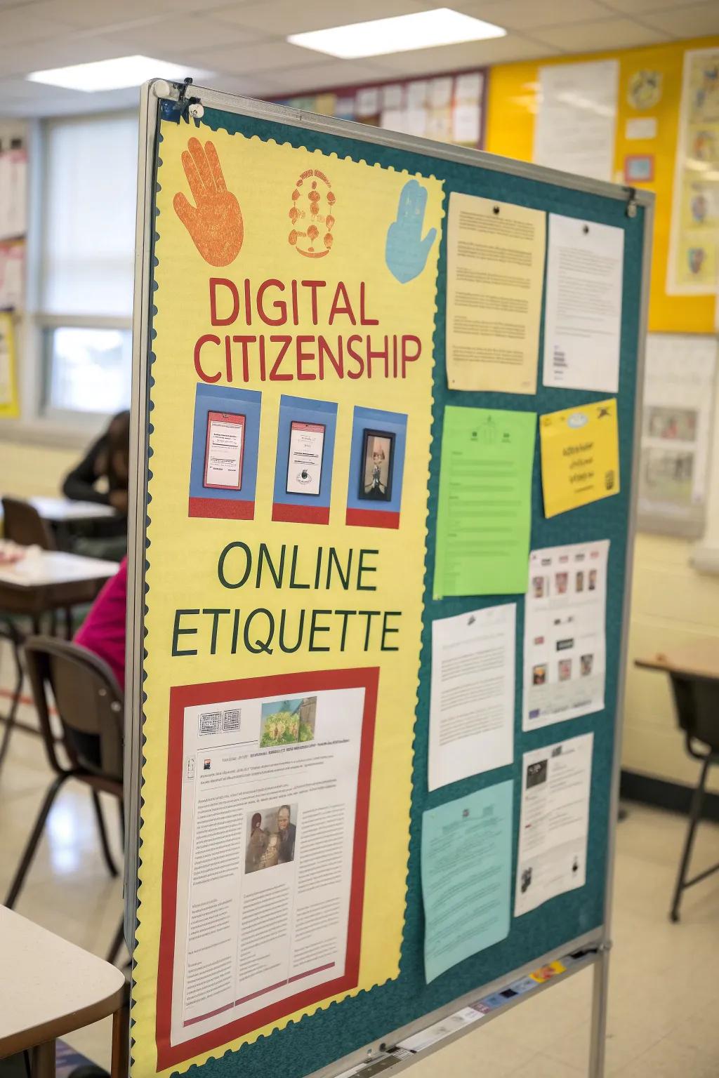 Bulletin board promoting digital citizenship and online safety.
