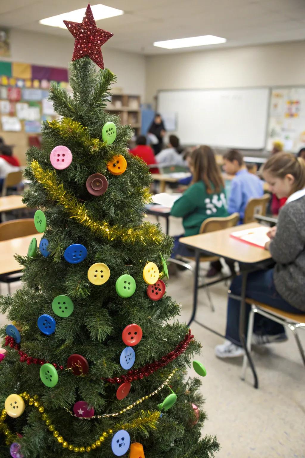 A button bauble Christmas tree with colorful decorations