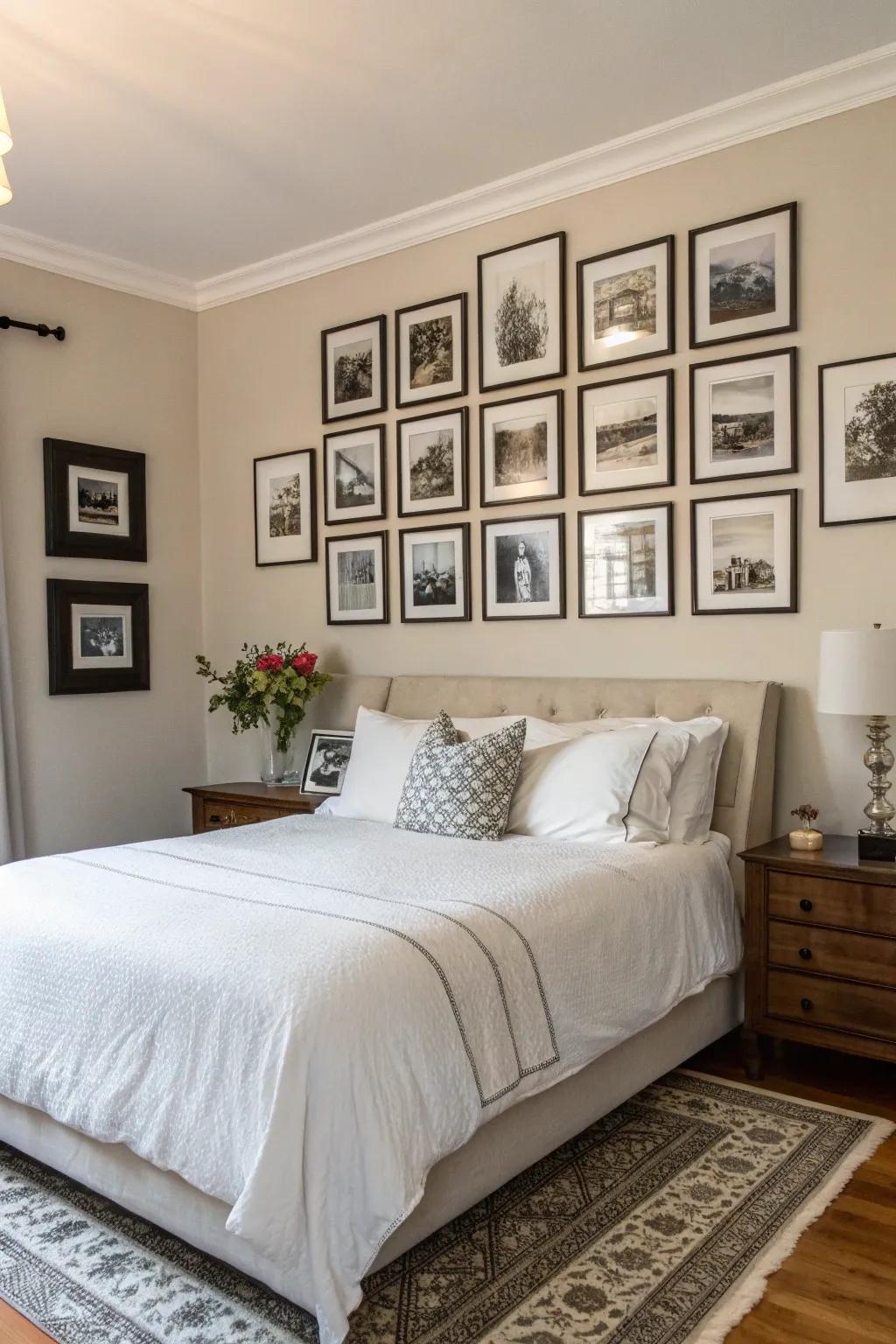 A gallery wall made of black and white pictures gives off a personal charm.