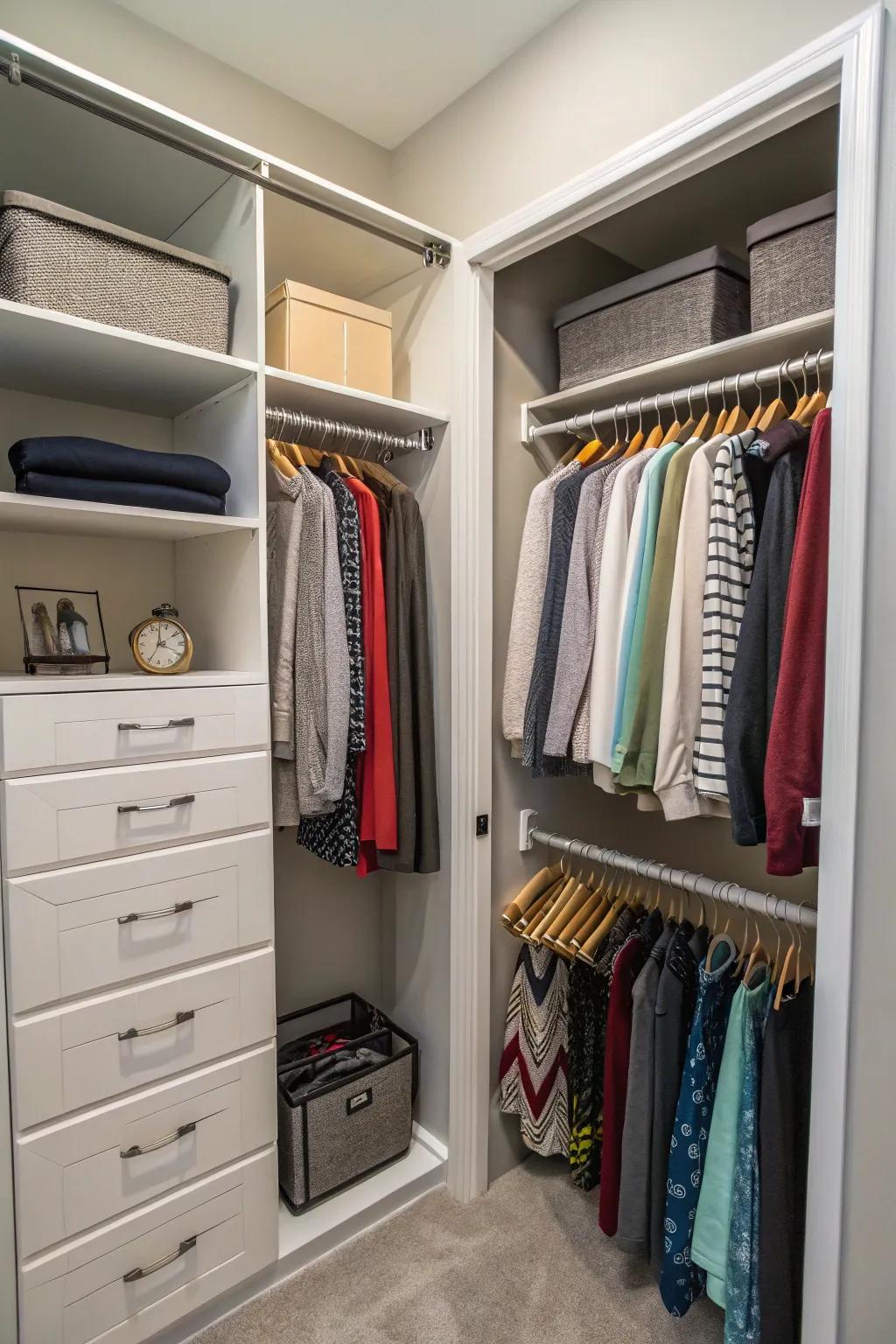 Telescopic rods offer flexible solutions for small closet spaces.