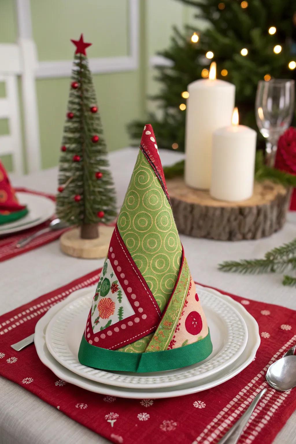 The elf hat napkin fold brings festive cheer to the table.