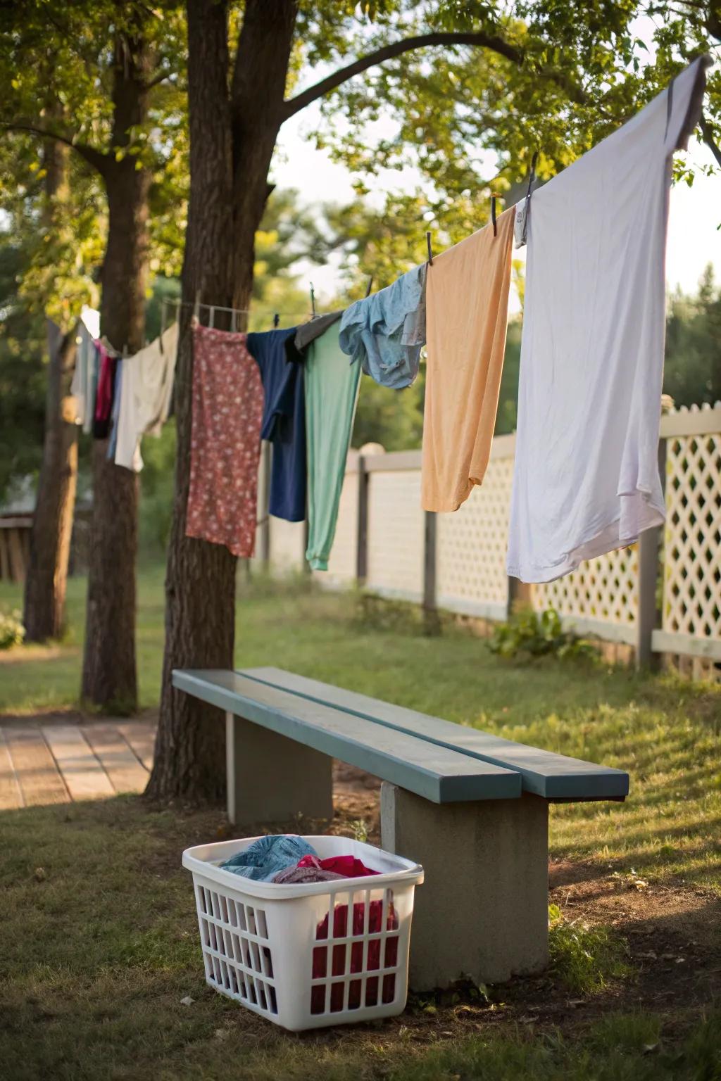 Functional and convenient: a clothesline featuring a built-in bench.