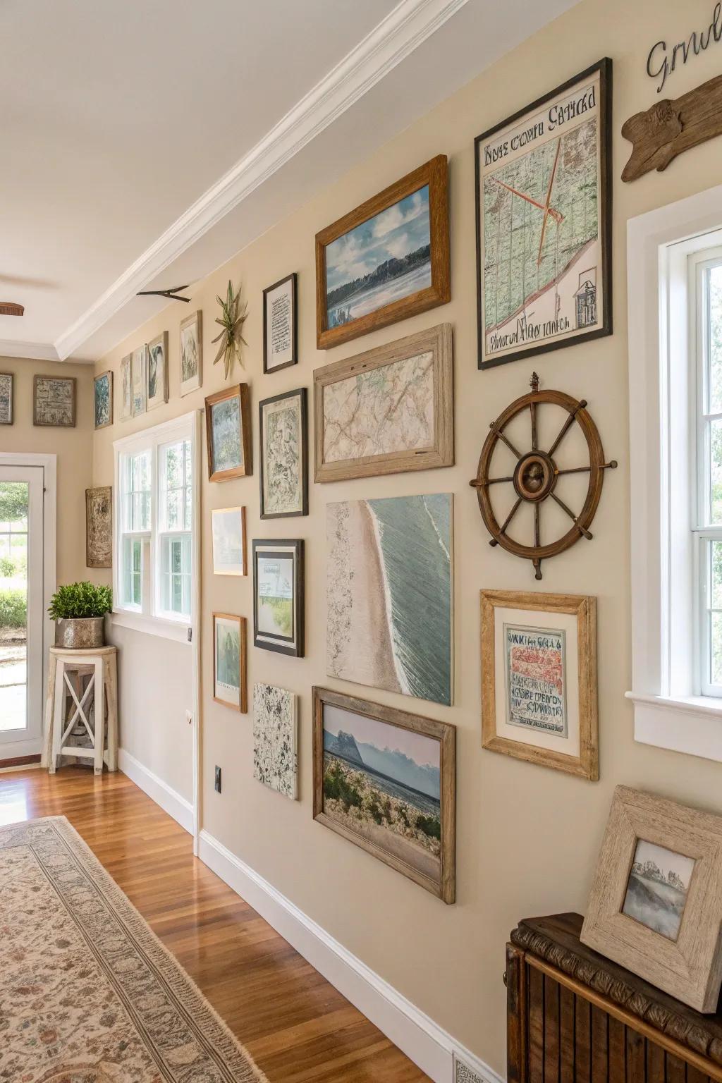 Diverse art pieces personalize and enrich seaside country spaces.