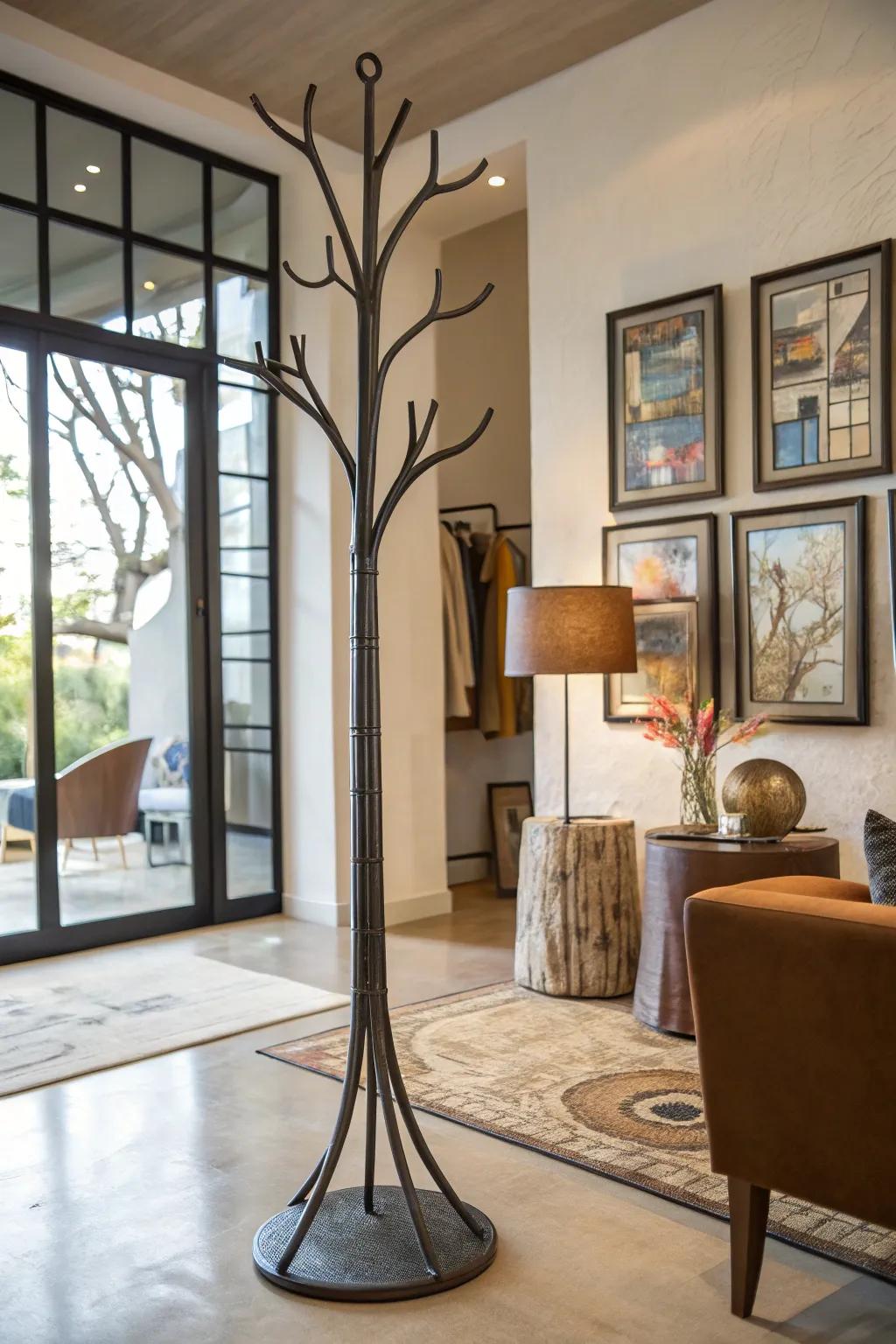 A metallic tree-like coat upright, serving as an artistic sculpture within the dwelling.