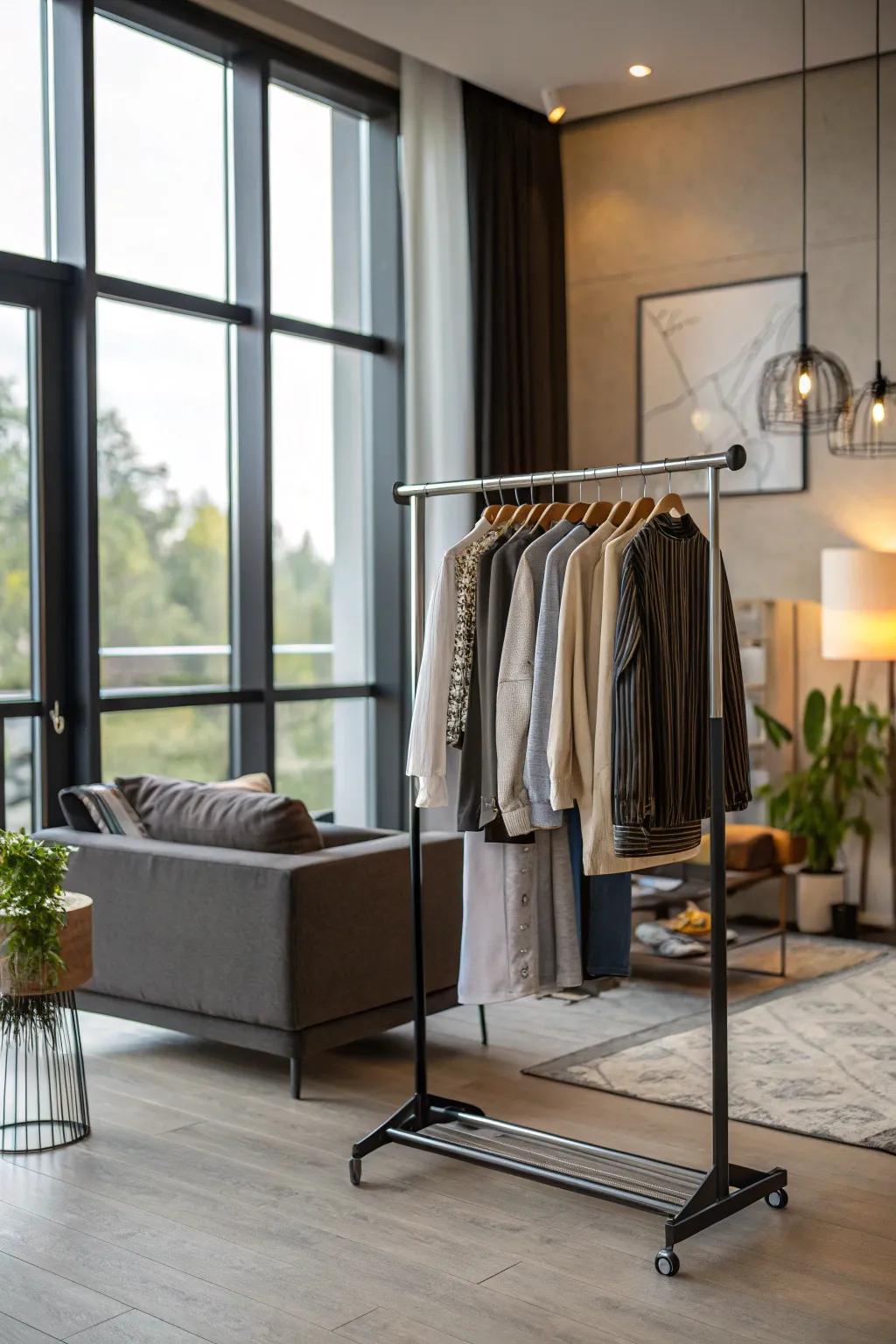 A freestanding garment rack blending style with function.
