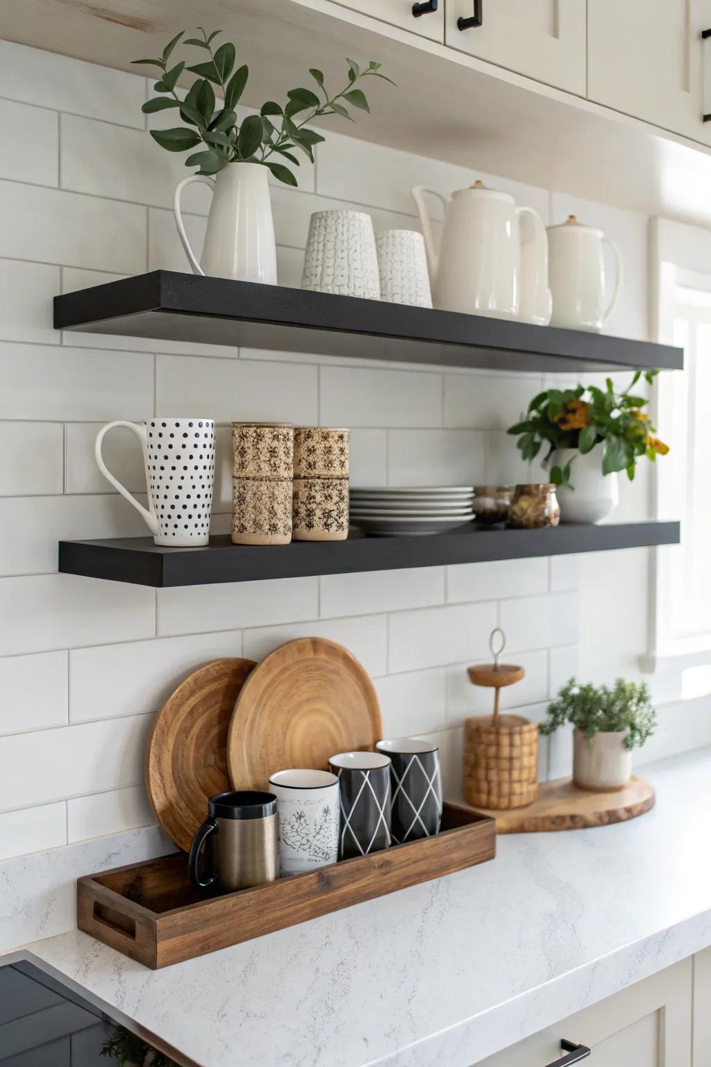 Minimalist floating shelves for a sleek look.