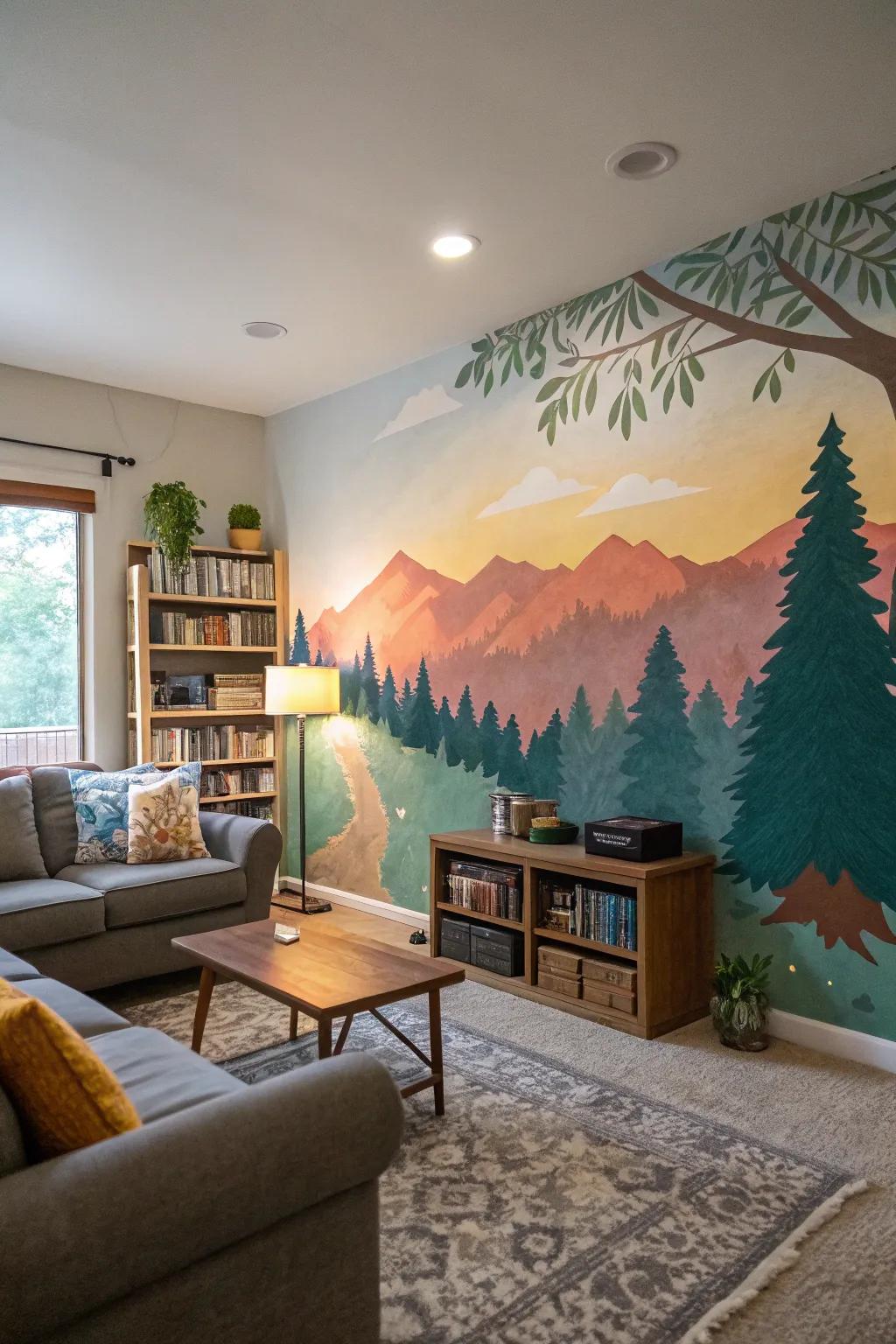 A DIY painted mural adding a personal touch to a college apartment living room.