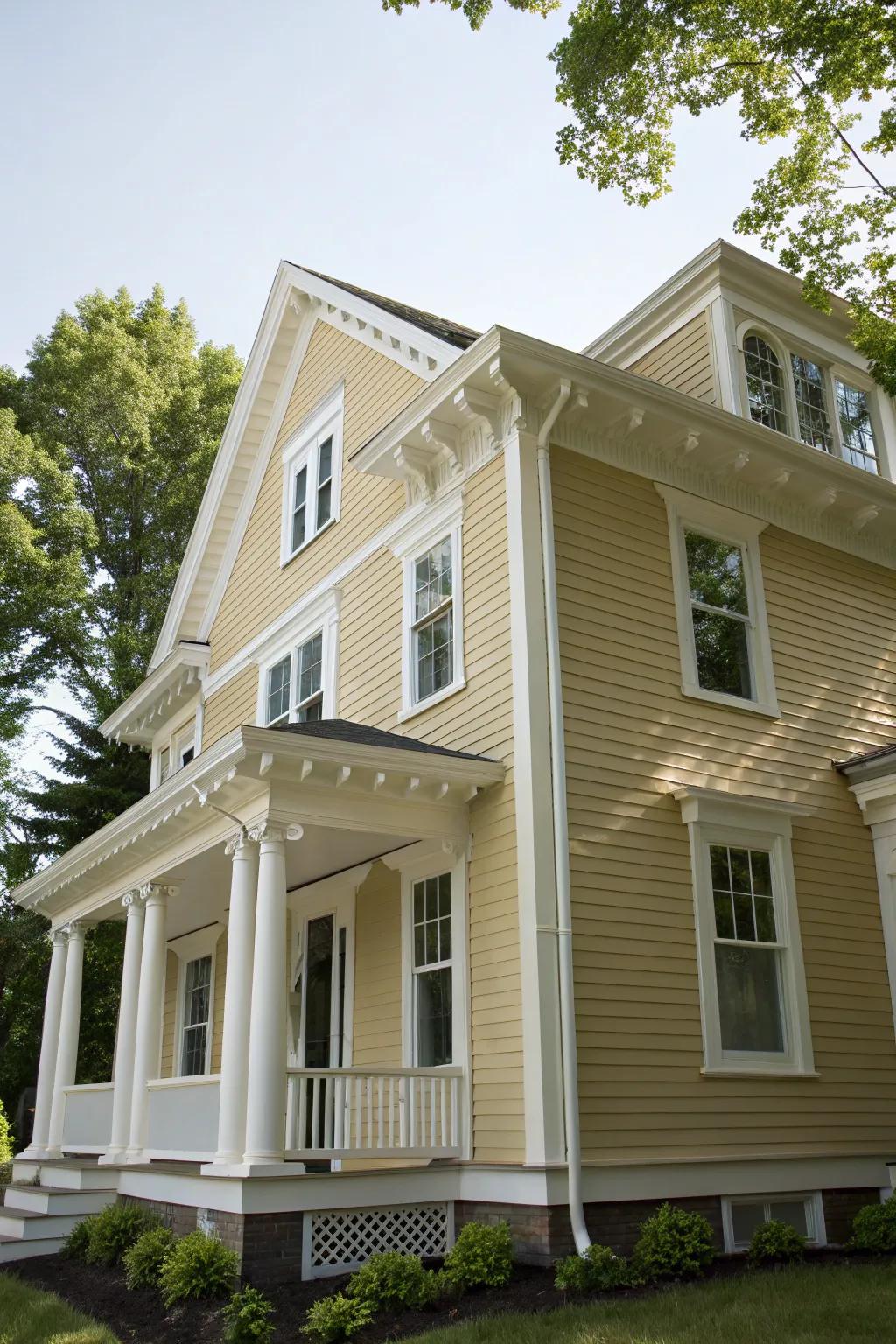 A colonial house showcasing sharp contrast with its khaki body and alabaster trim.