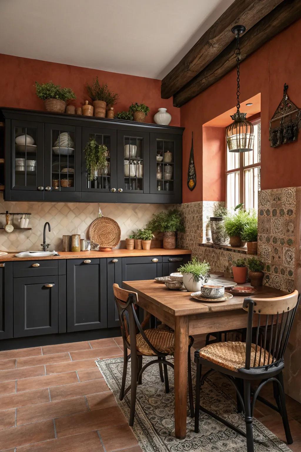 Dark cabinets set against earthy walls for a warm and inviting kitchen ambiance.
