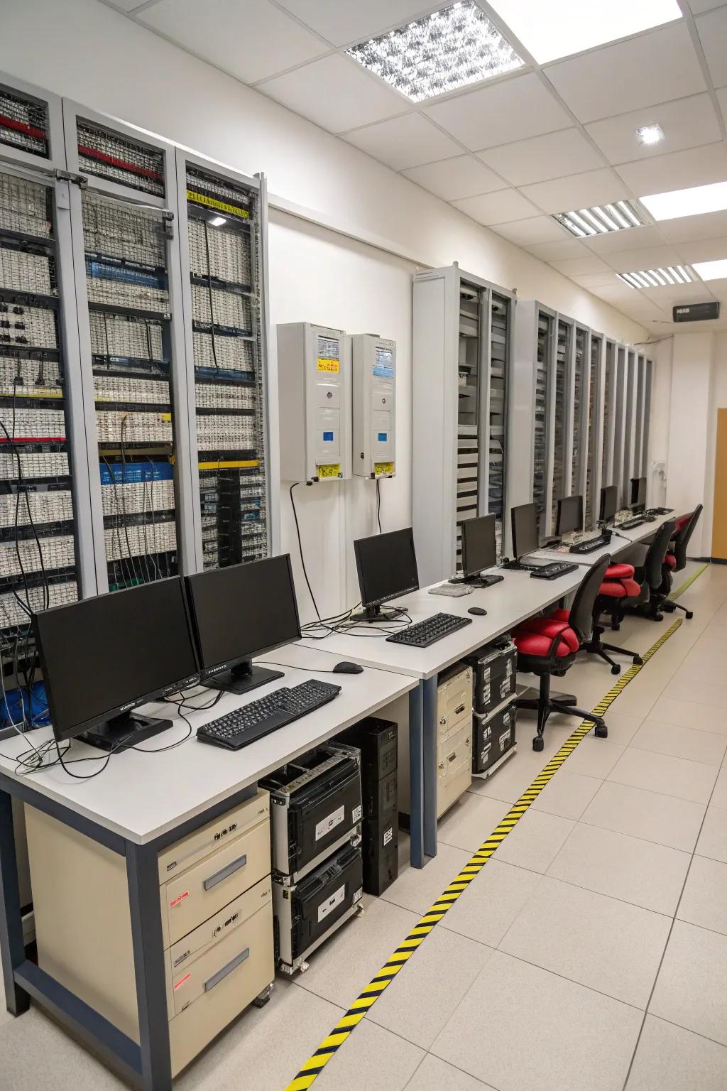 An orderly computer area featuring clever storage choices for an uncluttered environment.