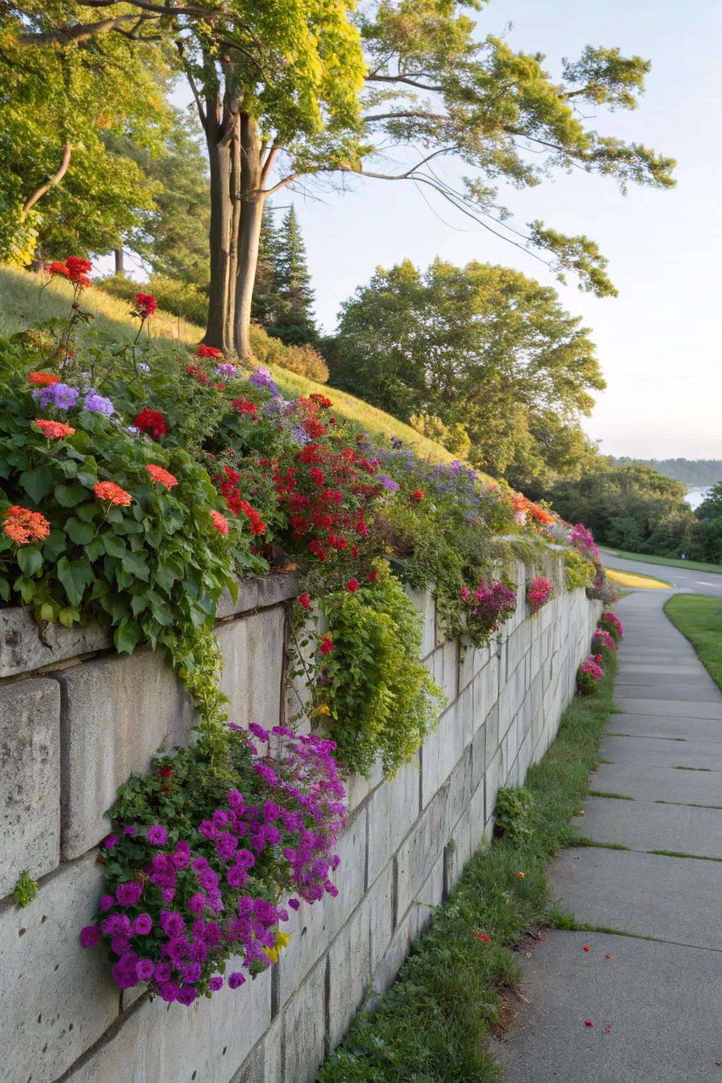 Colorful plantings impart natural beauty to retaining structures.
