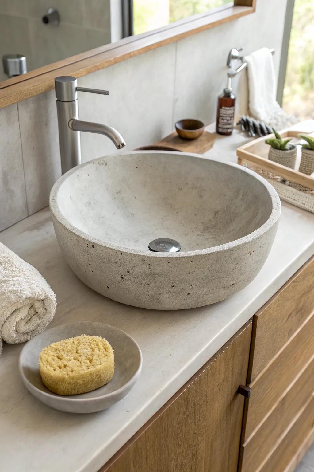 Vessel-style concrete sink on a worktop.