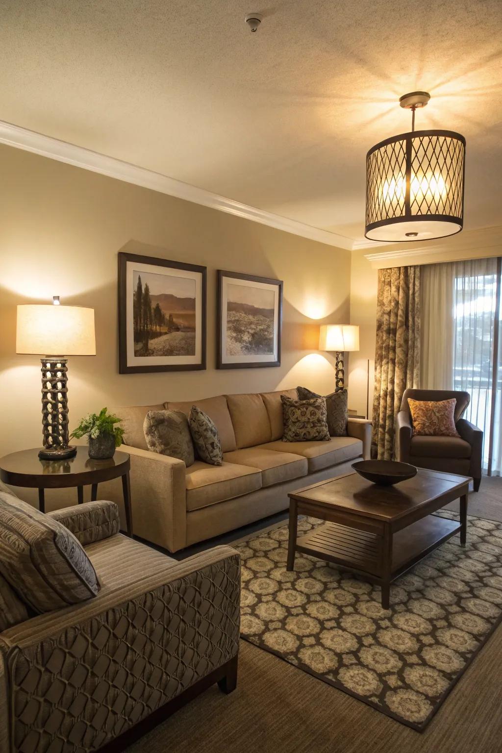 Soft lighting setting the mood in a condo living area.