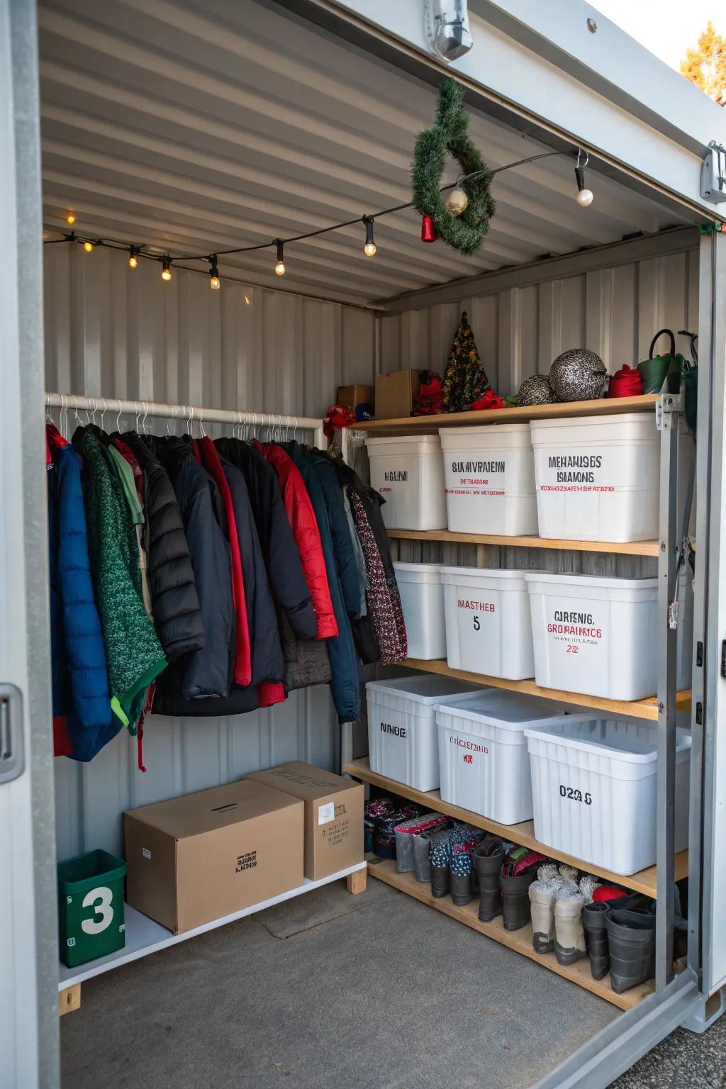 Storage in a container to accommodate seasonal goods is effective to minimize residential mess.