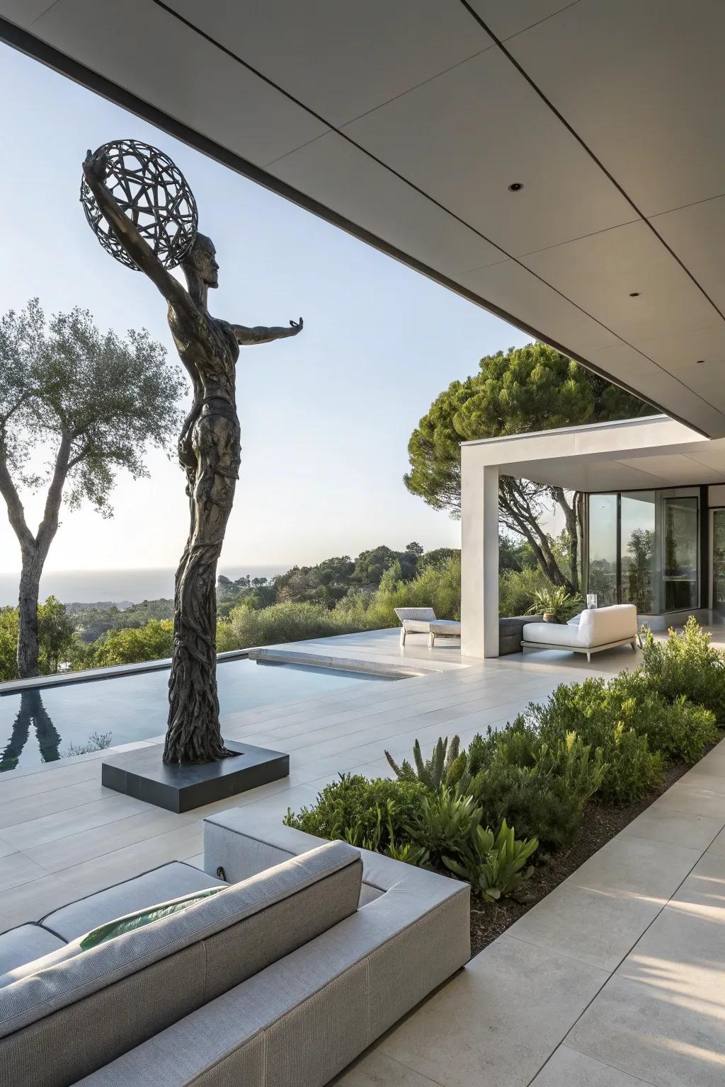 Artful sculpture as a striking focal point on a patio.