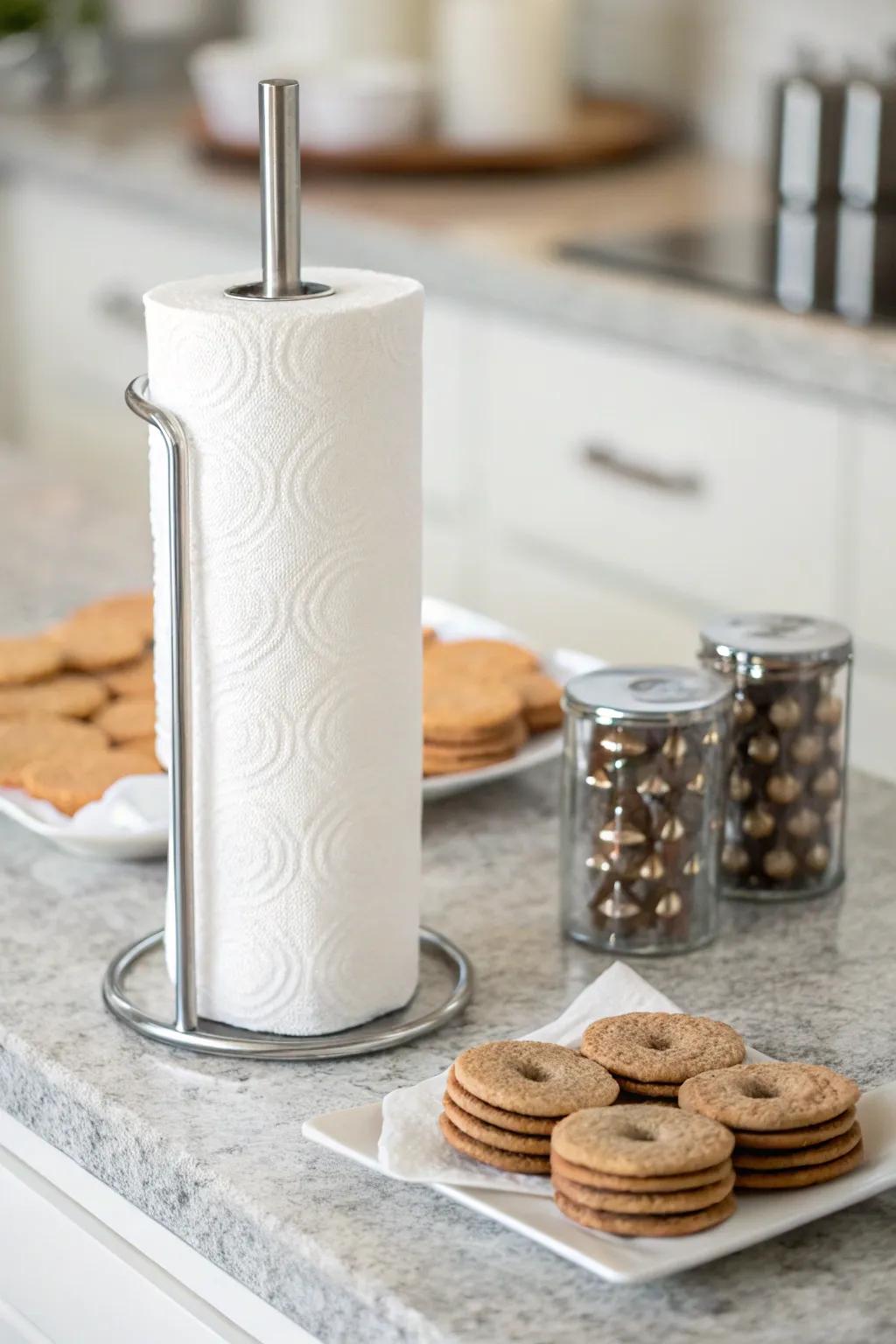 Cookie embossers stacked on a roll holder for easy access.