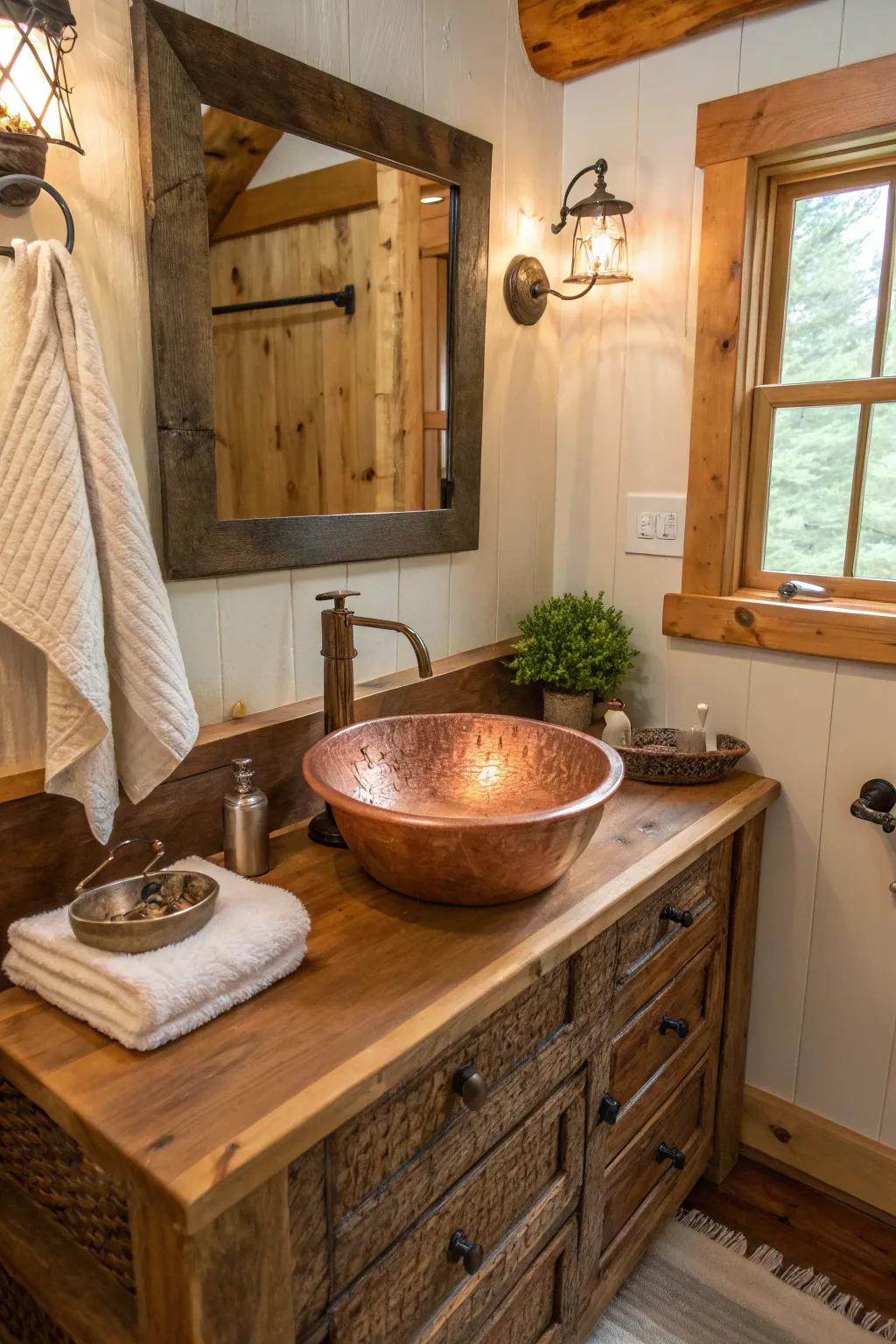 The rustic allure of this copper sink is beautifully complemented by wooden and textured elements.