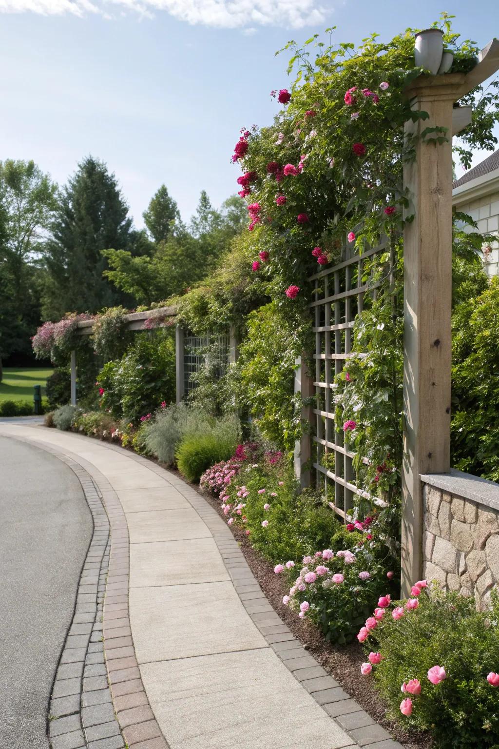 Tiered green spaces crafting lush greenery along a driveway facade.