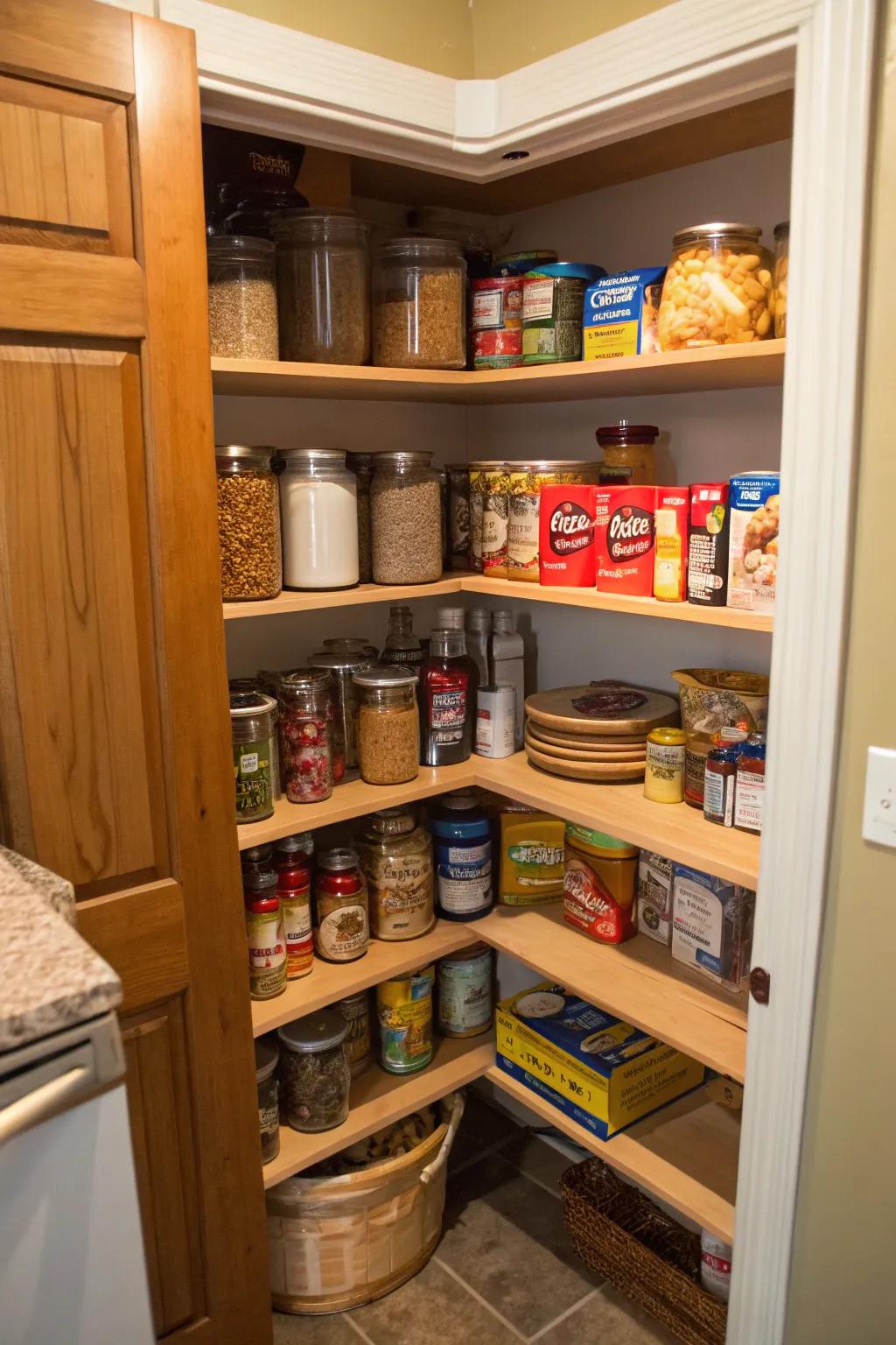 A corner pantry that uses a rotating tray for easy access.