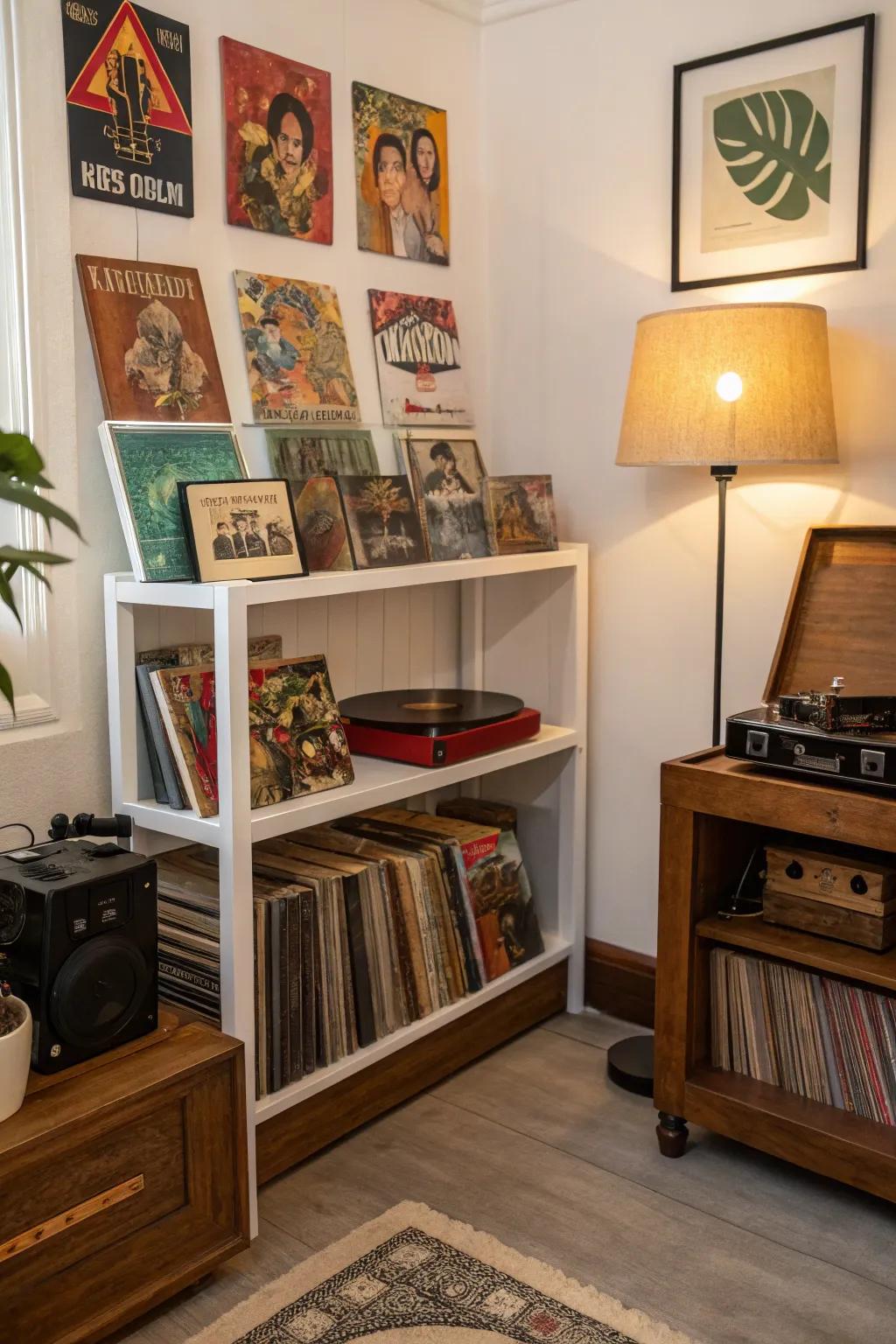 A corner shelf with a collection of vinyl records.