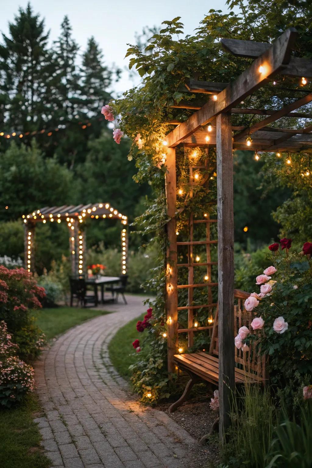 A trellis beautifully lit with fairy lights for evening charm.