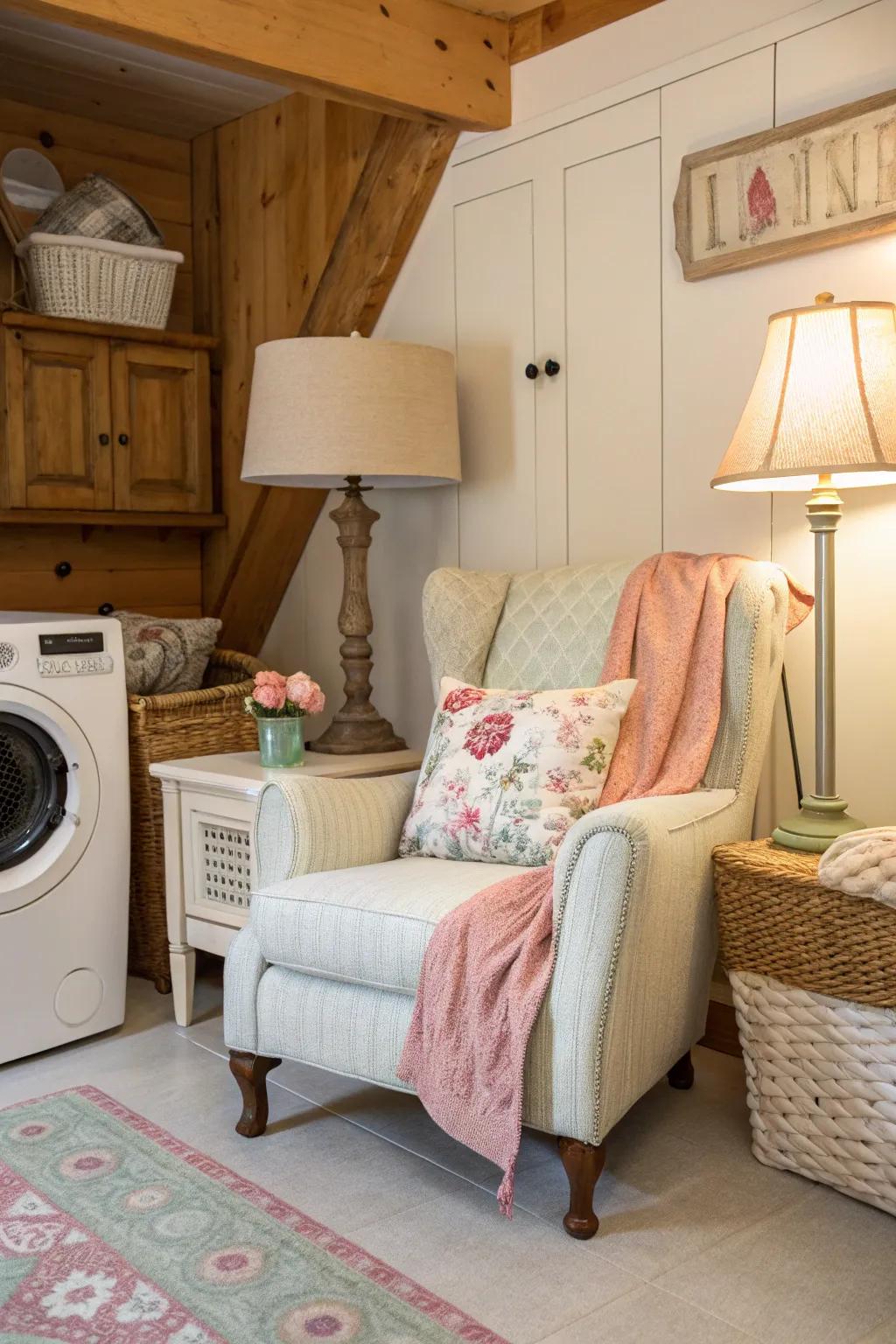 A seating area adds comfort and warmth to your laundry room.