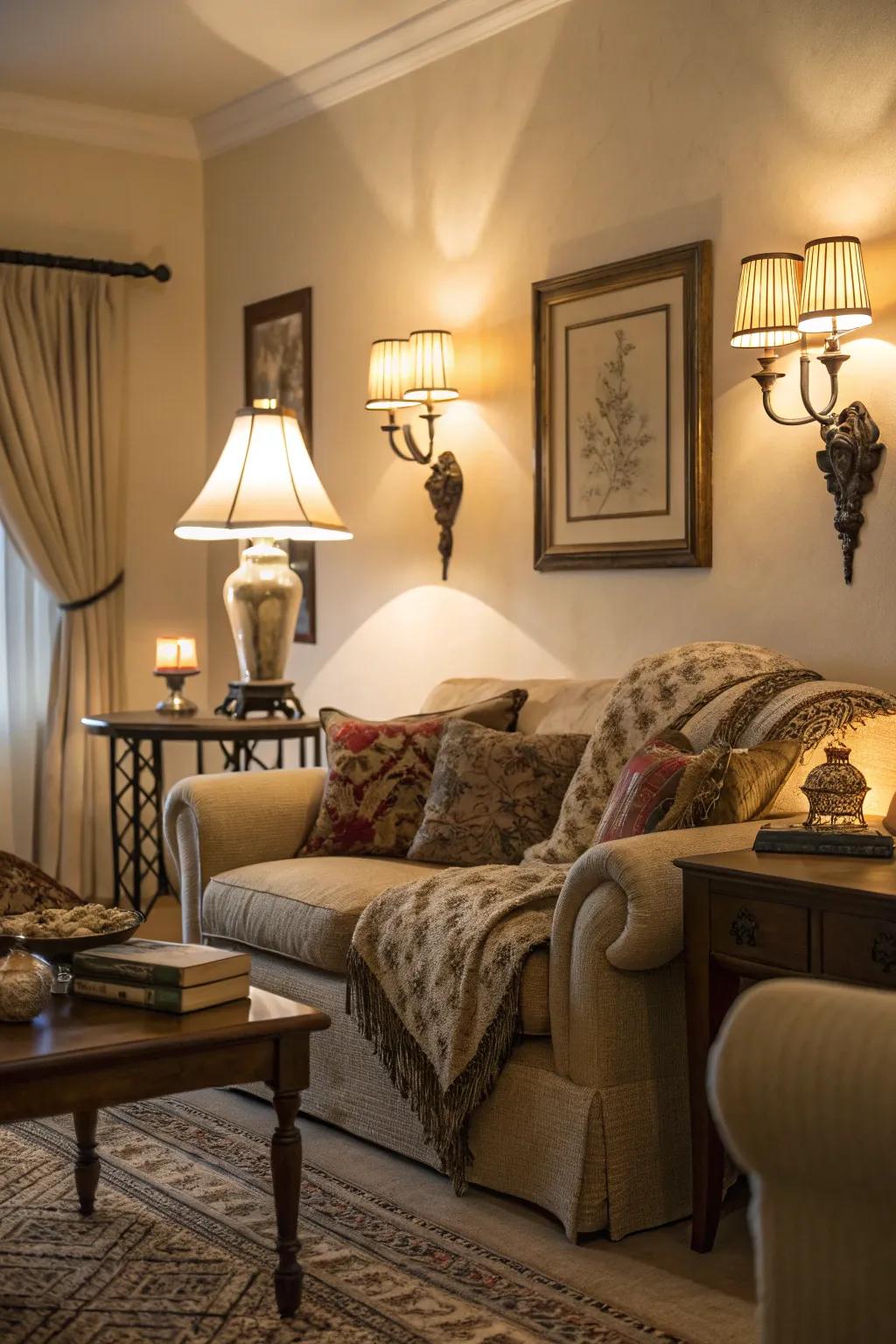 Gentle illumination enhances the cozy ambiance of the living space.
