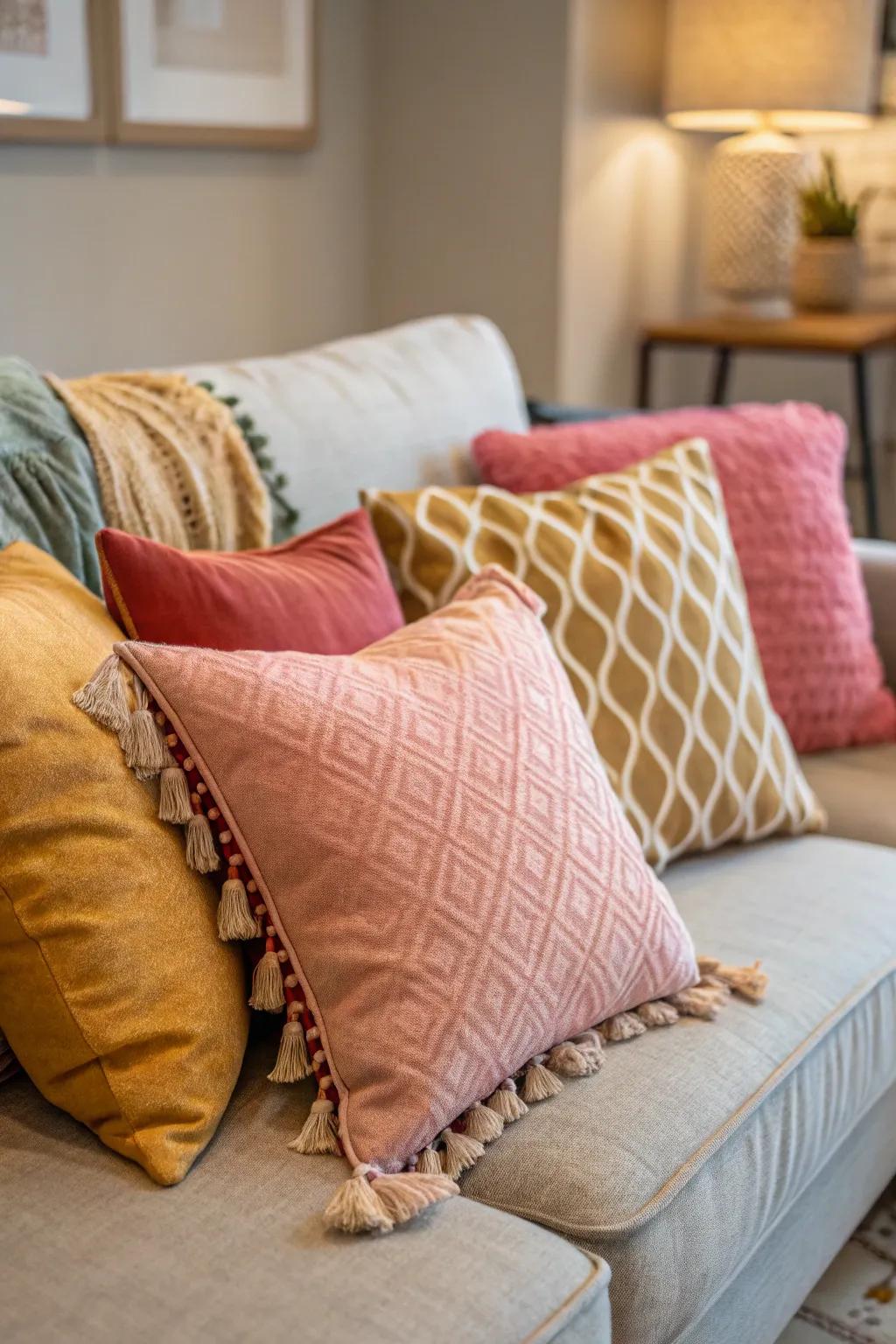A cozy refuge encourages leisure featuring layered cushions.
