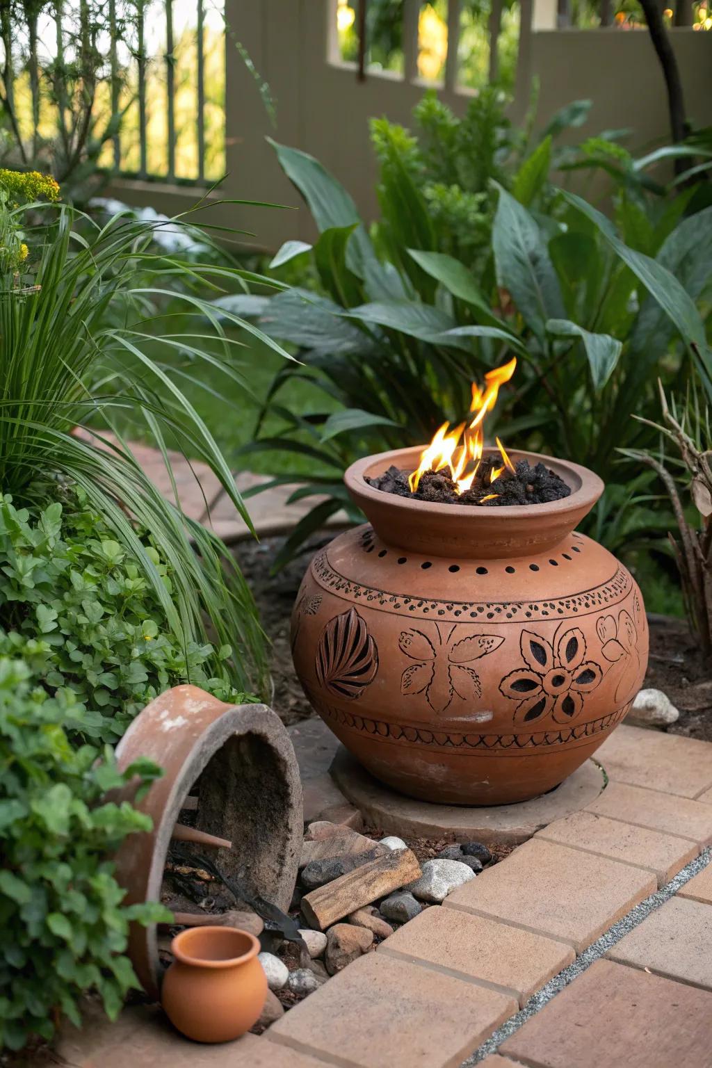 A clay pot fire pit radiates nature-inspired charm and warmth.
