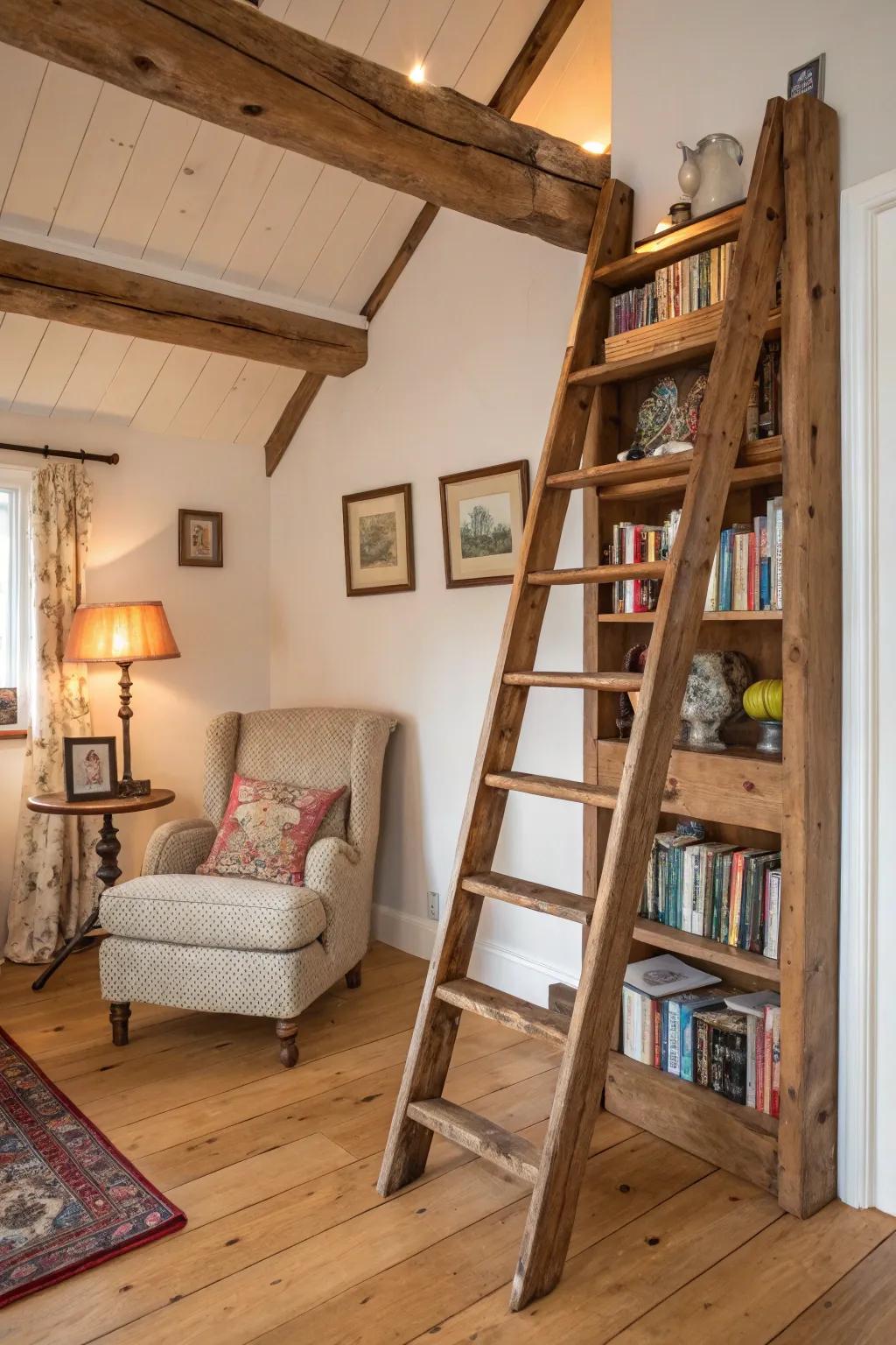 A room showcasing a repurposed ladder as a unique bookshelf.