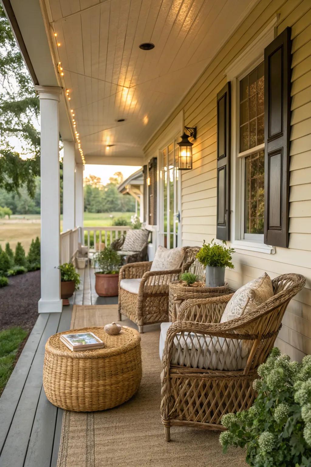 Woven accents enhance the cozy feel of this farmhouse porch.