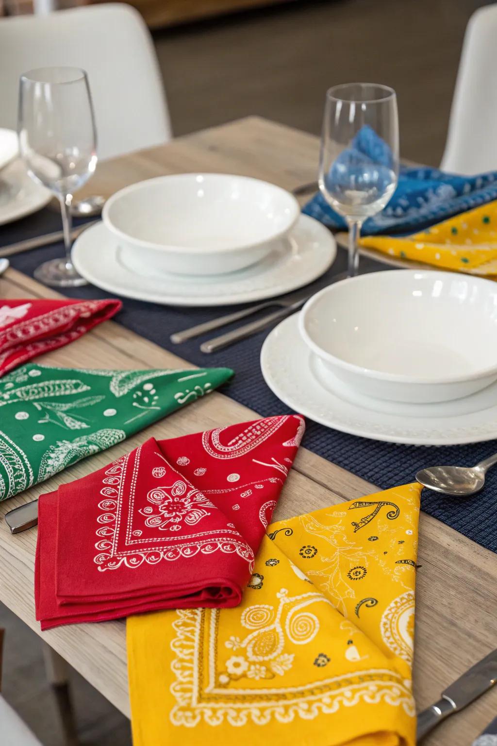 Bandana napkins add a vibrant and playful dash.