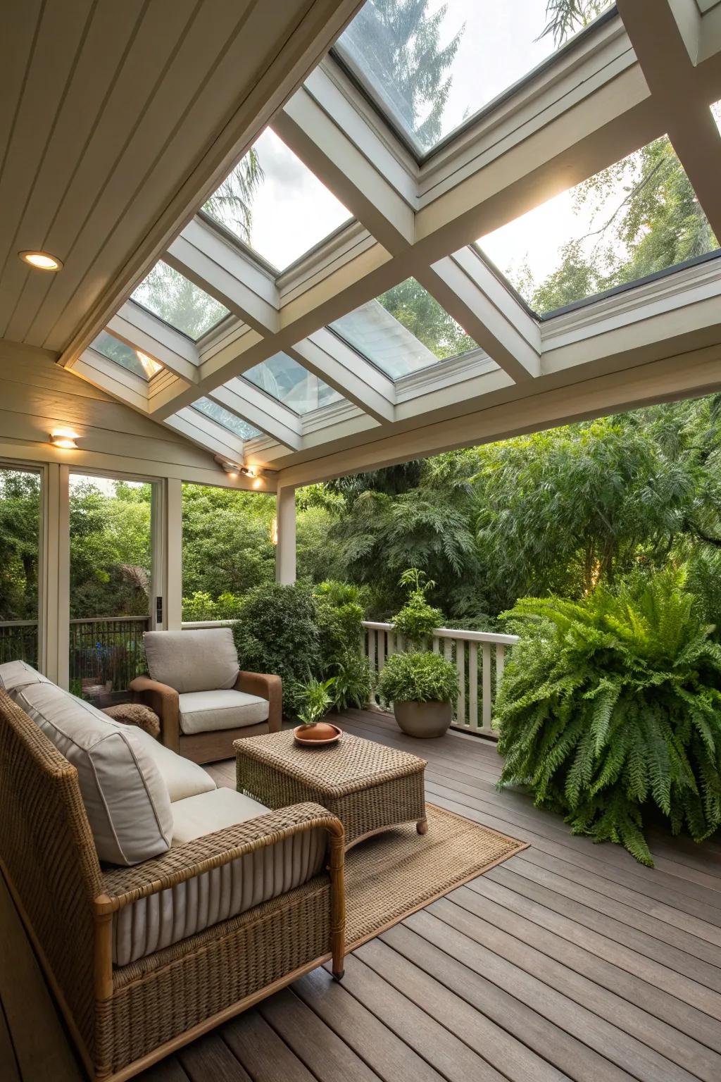 Overhead lights offer natural light and a connection to the sky.