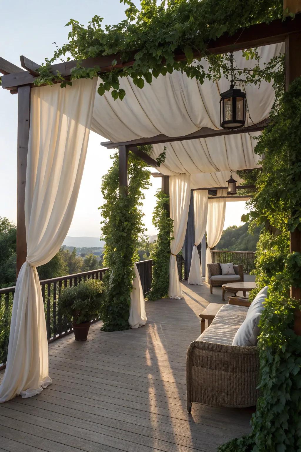 A dreamy fabric-layered pergola patio designed for tranquil moments.