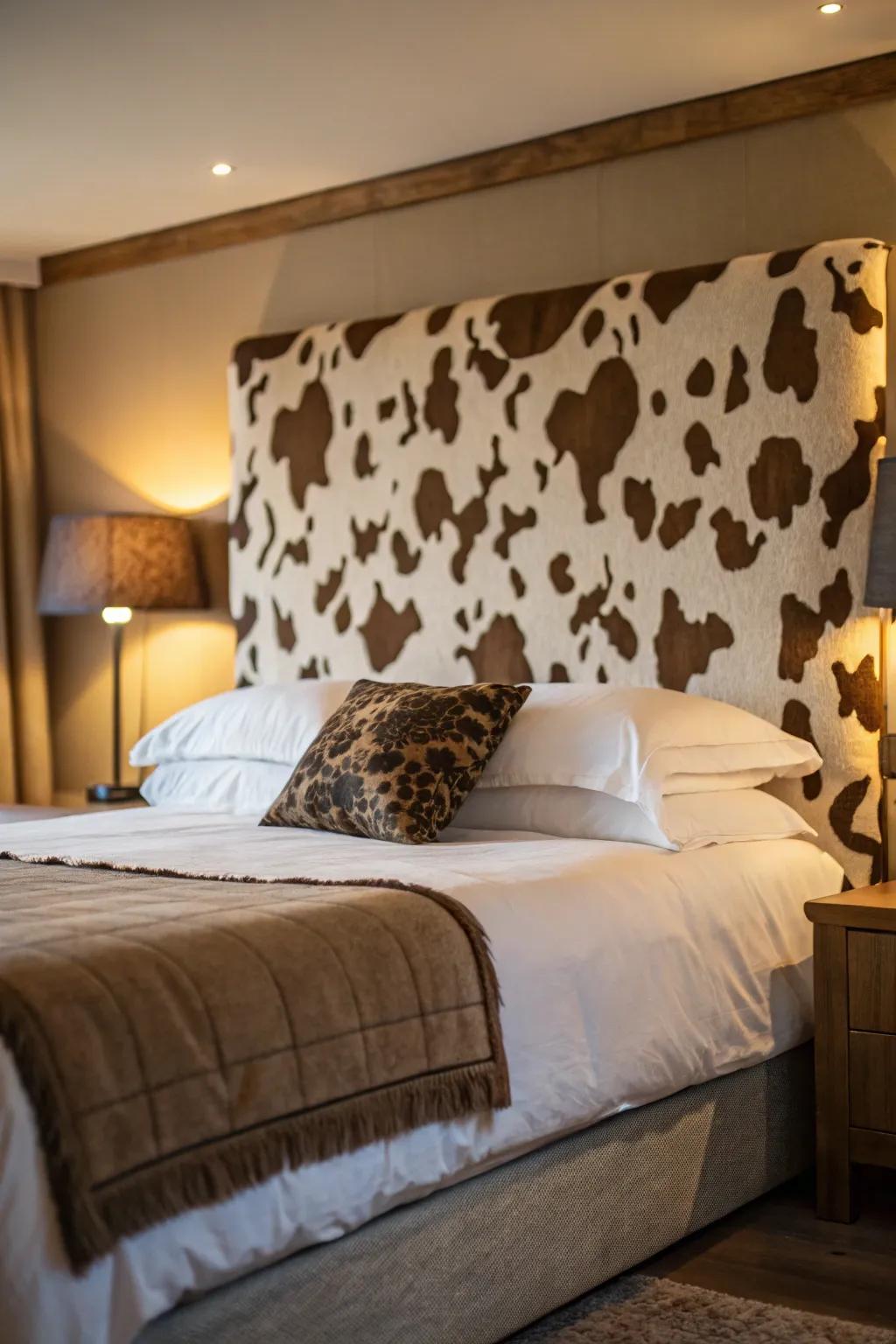 A cow print headboard makes for a stunning room centerpiece.