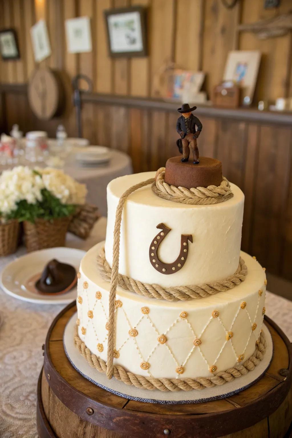 A fondant lasso loop contributes a fun and vibrant touch to this cowgirl cake.