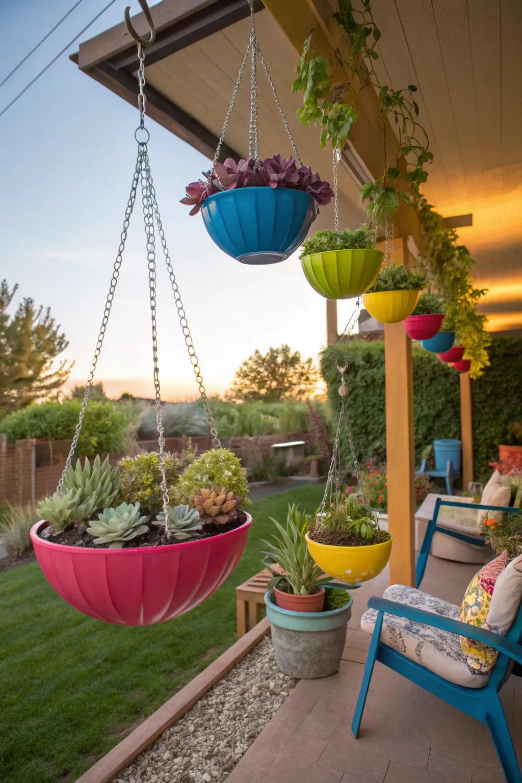 Suspended planters add vertical appeal.