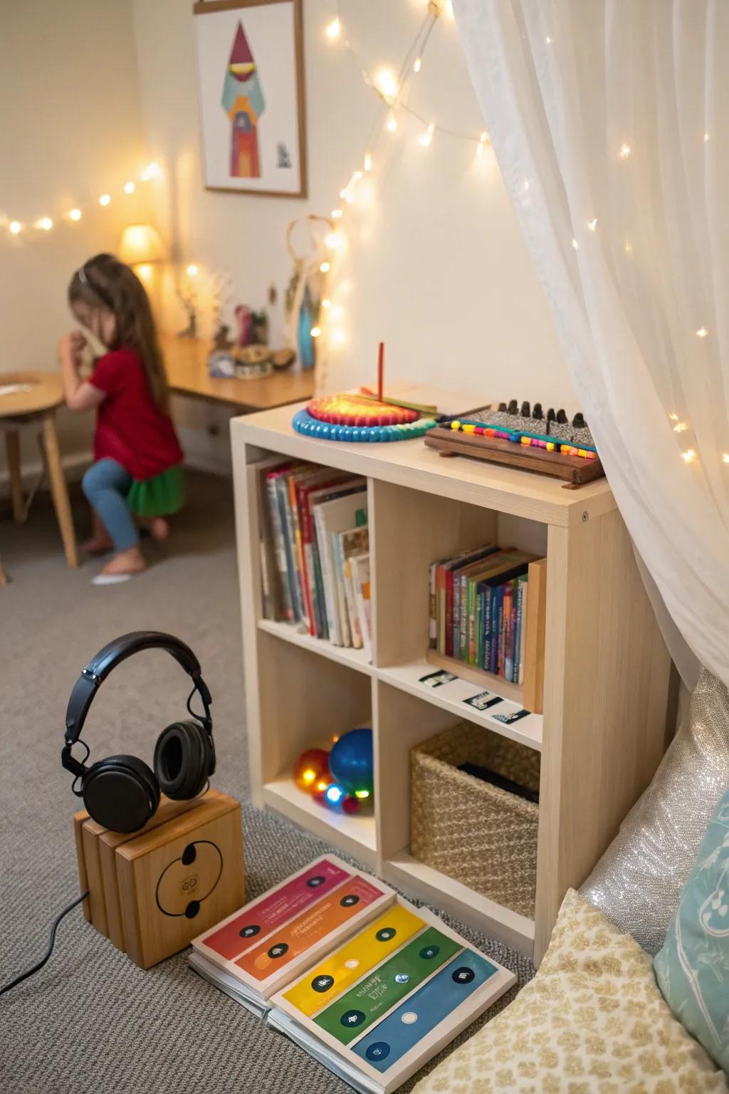 A music space adds a calming auditory layer to the cozy corner.