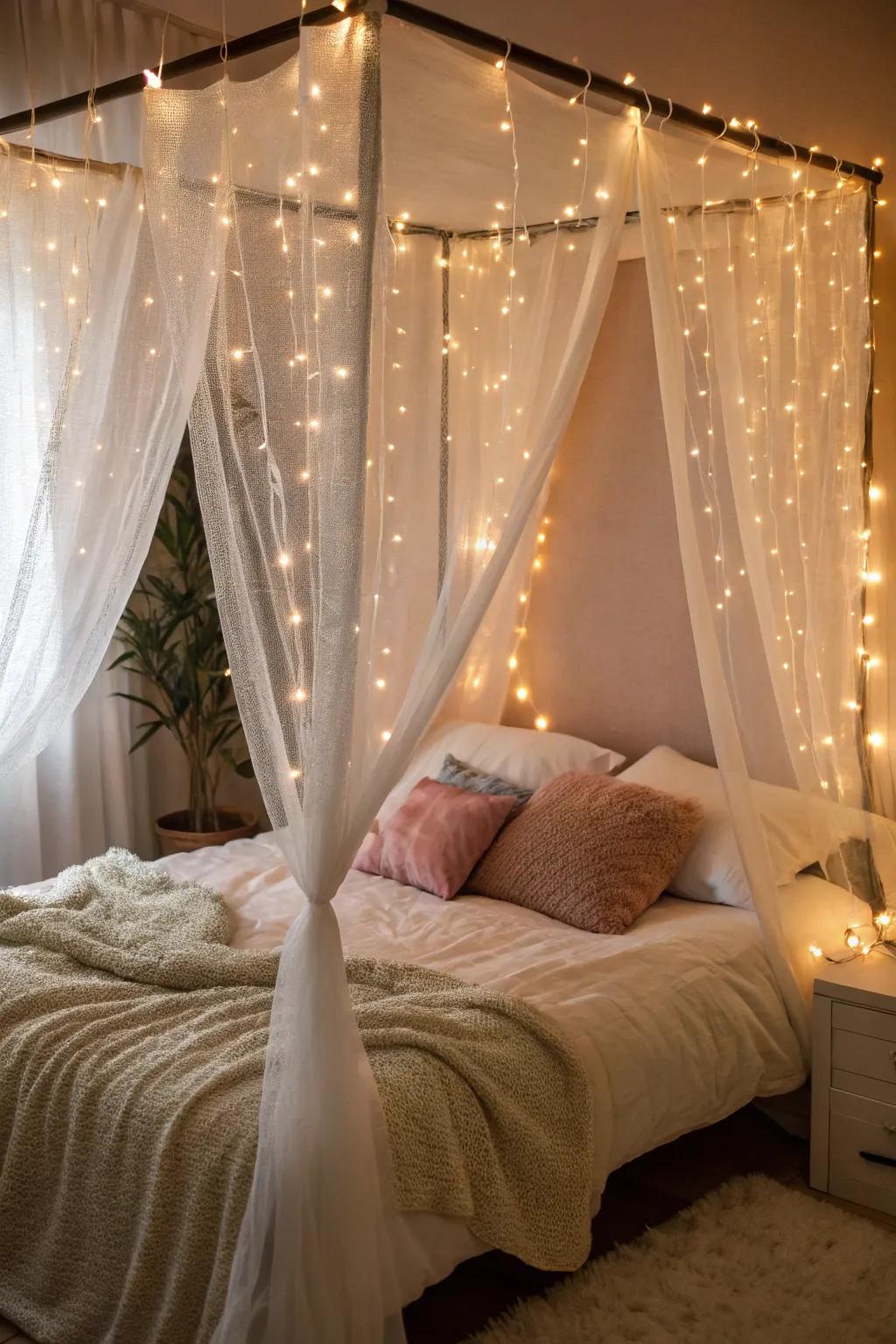 A canopy bed featuring sheer fabric and twinkle lights.