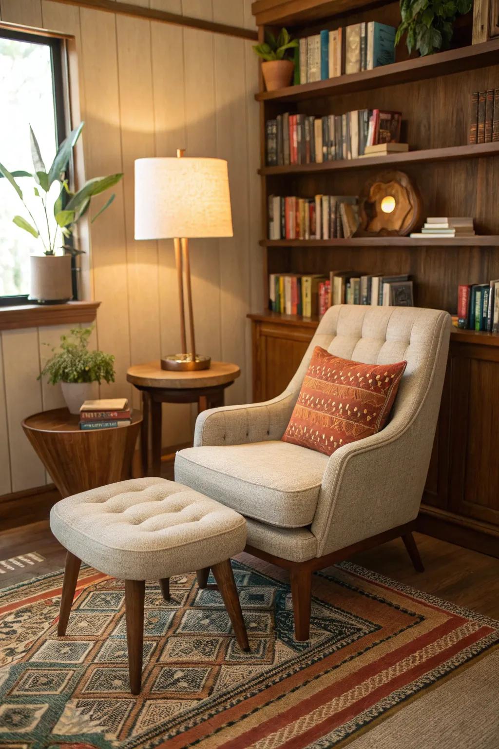 Midcentury modern elements add timeless charm to this reading nook.