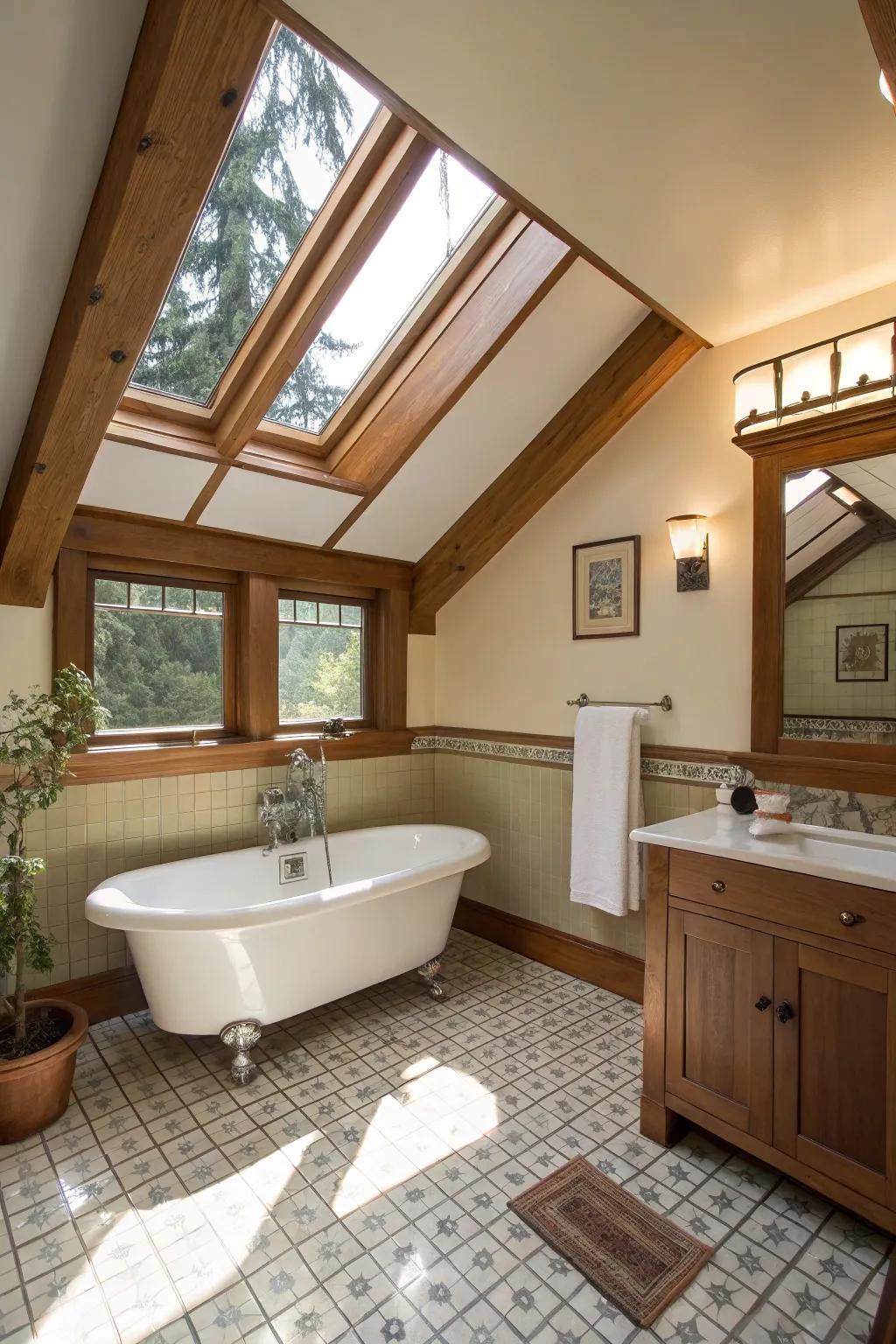 Sunlight pouring in through a roof window in the craftsman bathroom.