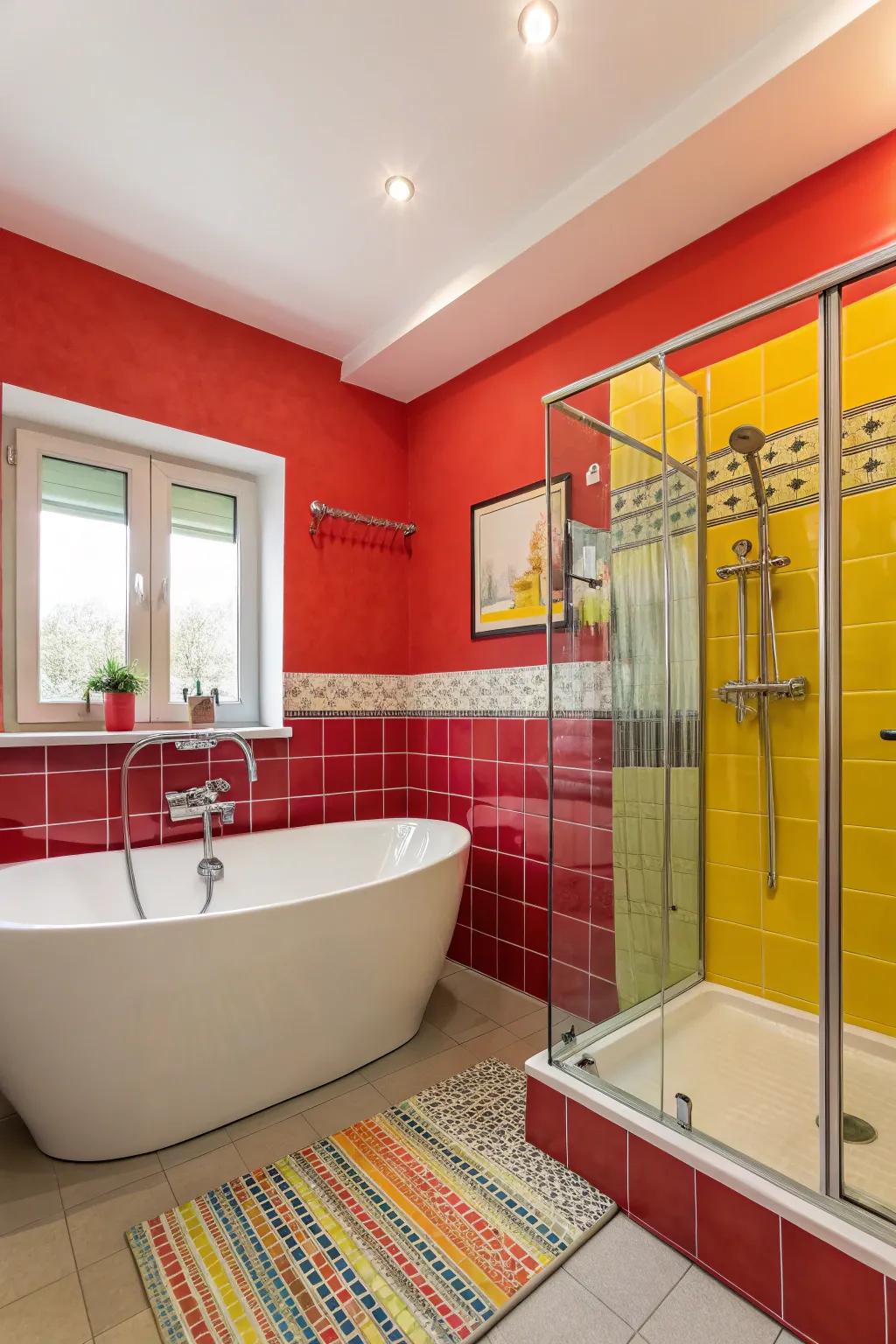 A bathroom featuring a bold and spirited color scheme.