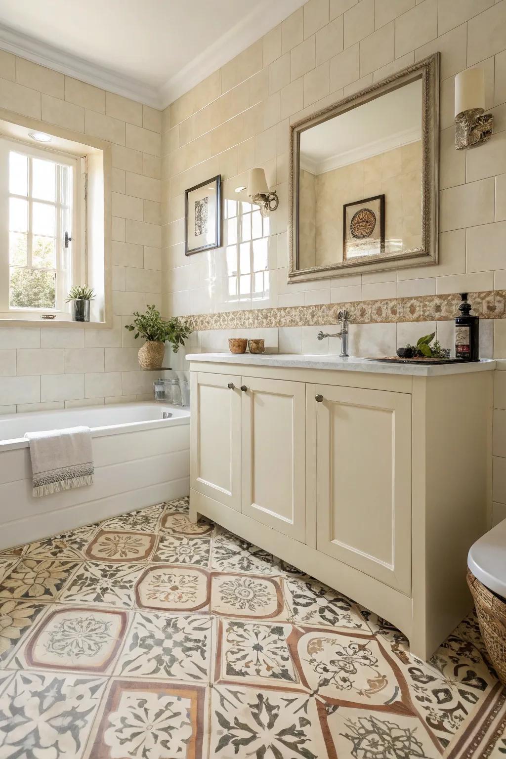 Patterned ground tiles inject appeal to this cream bathroom.