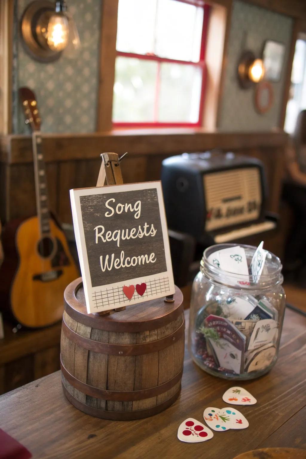 A tip jar inviting music requests for tips
