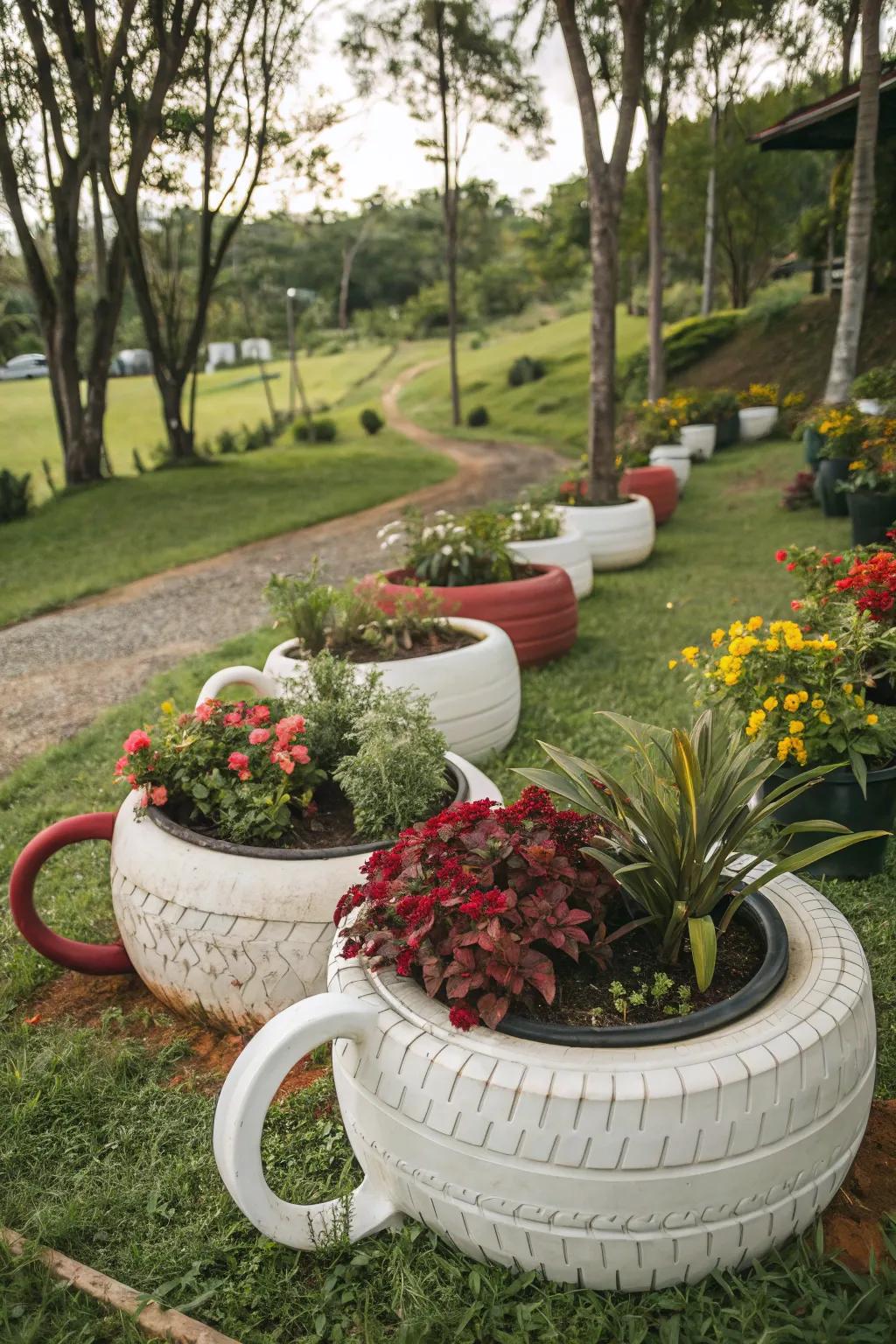 Whimsical coffee mug tire gardens injecting merriment into the garden.