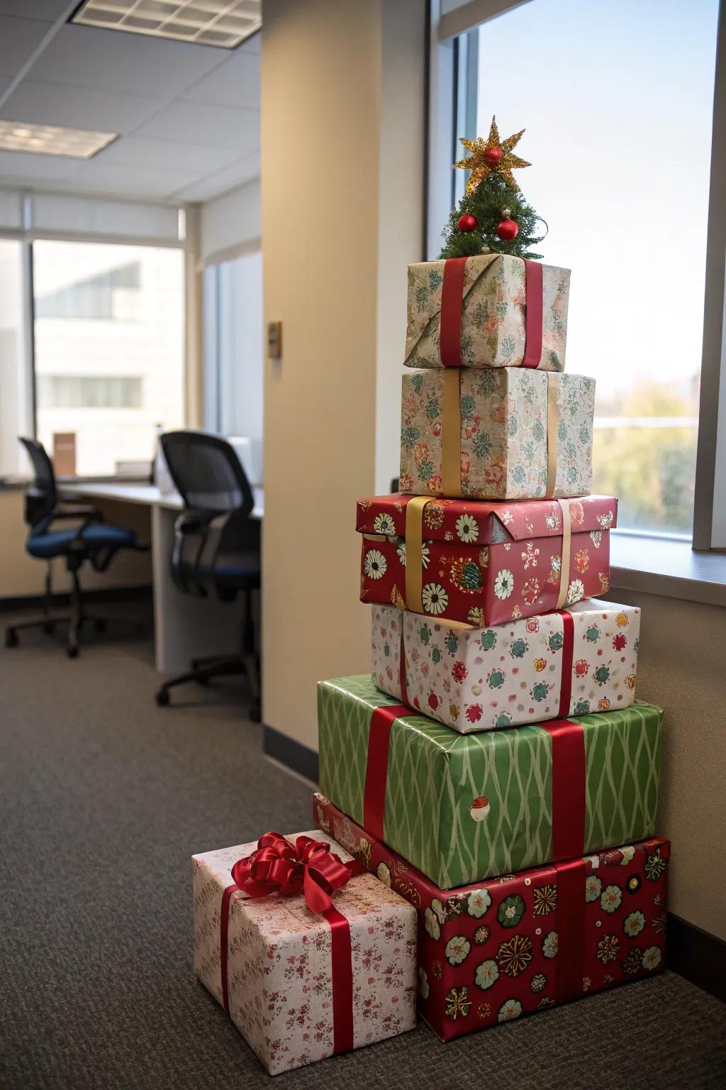 A tower of gift boxes contributes festive flair to the office.