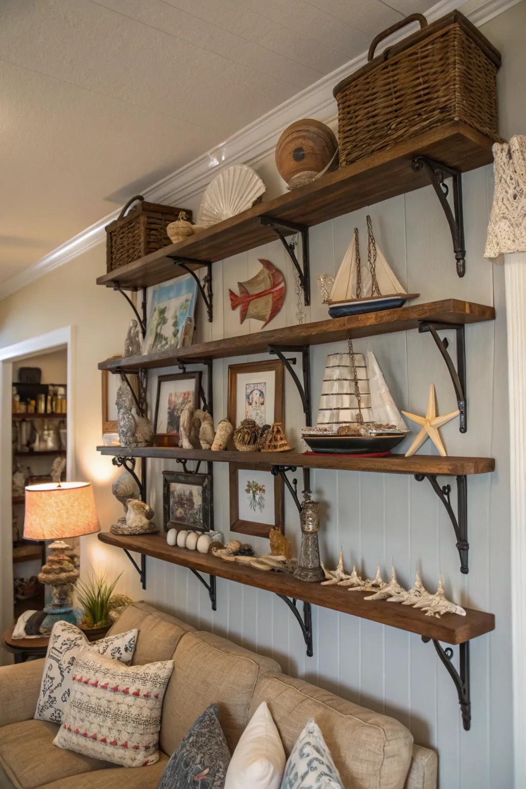 Shelves that elegantly display cruise ship collectibles.