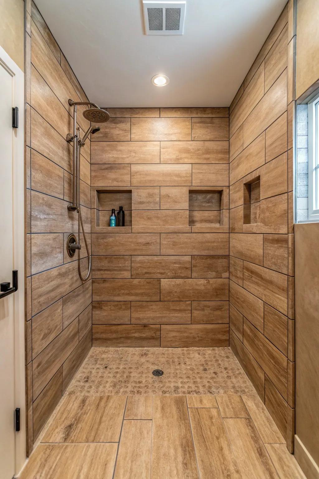 Wood-look tiles add a warm and natural element to this modern shower.